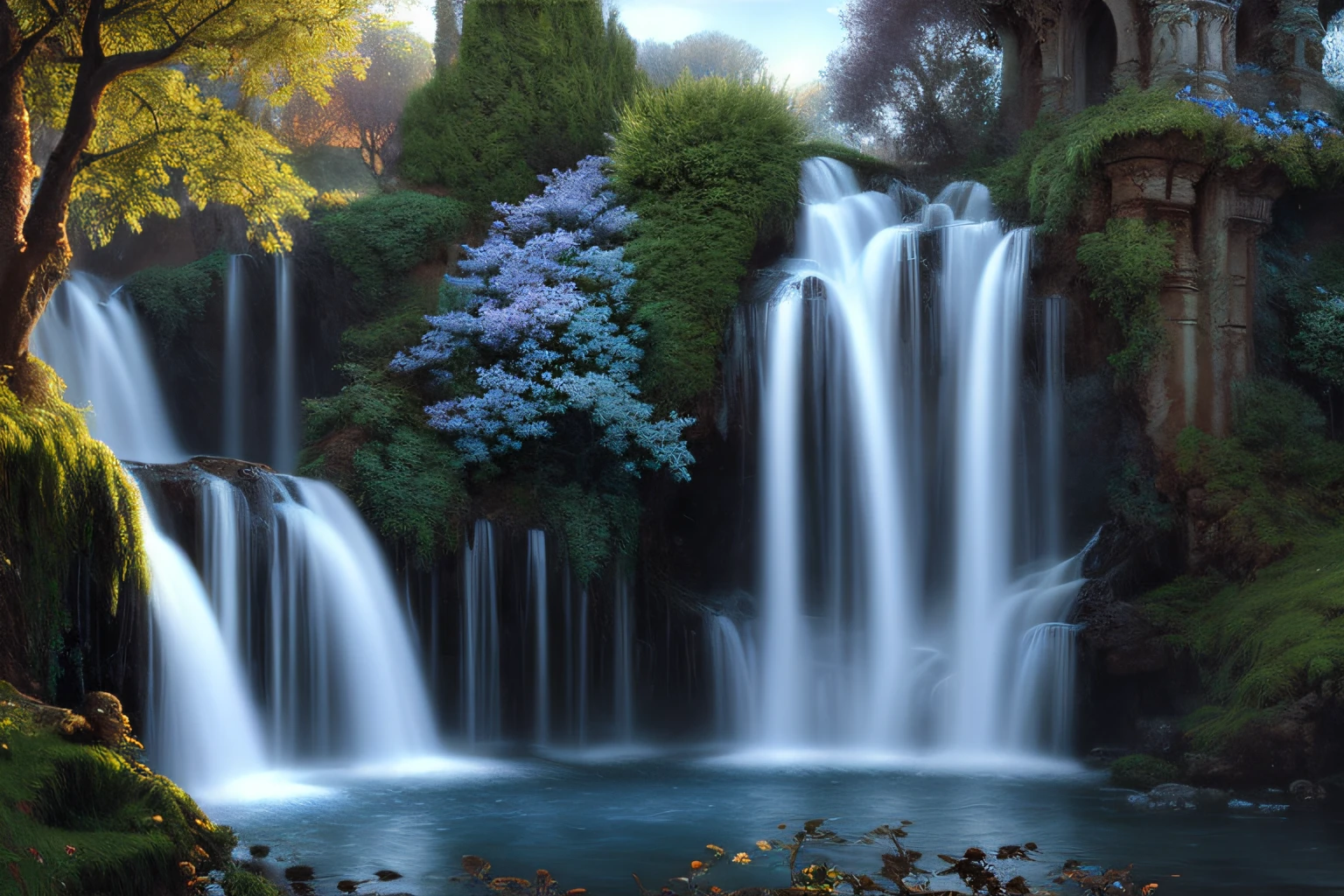 Landscape with morning dew, bleu profond, une petite cascade, ciel azur lumineux, ,(Highly detailed CG Unit 8k wallpaper), The most beautiful work of art in the world, Professional majestic oil painting, complexe, High detail, mise au point nette, dramatique, Art of photorealist painting, Alma Tadema