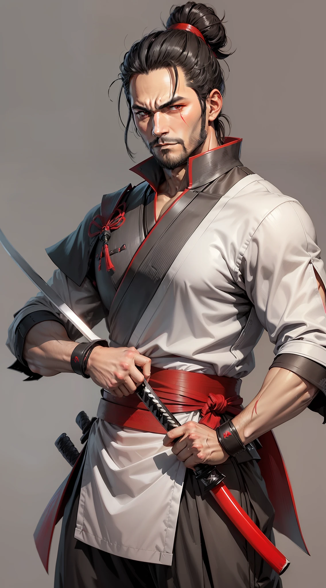 A man of 30, black hair (samurai bun) red eyes, square chin and thin beard, his clothes are gray and white, he is quite playful (his decisions are not that of a cerium guy!), carries a katana with him.anime character