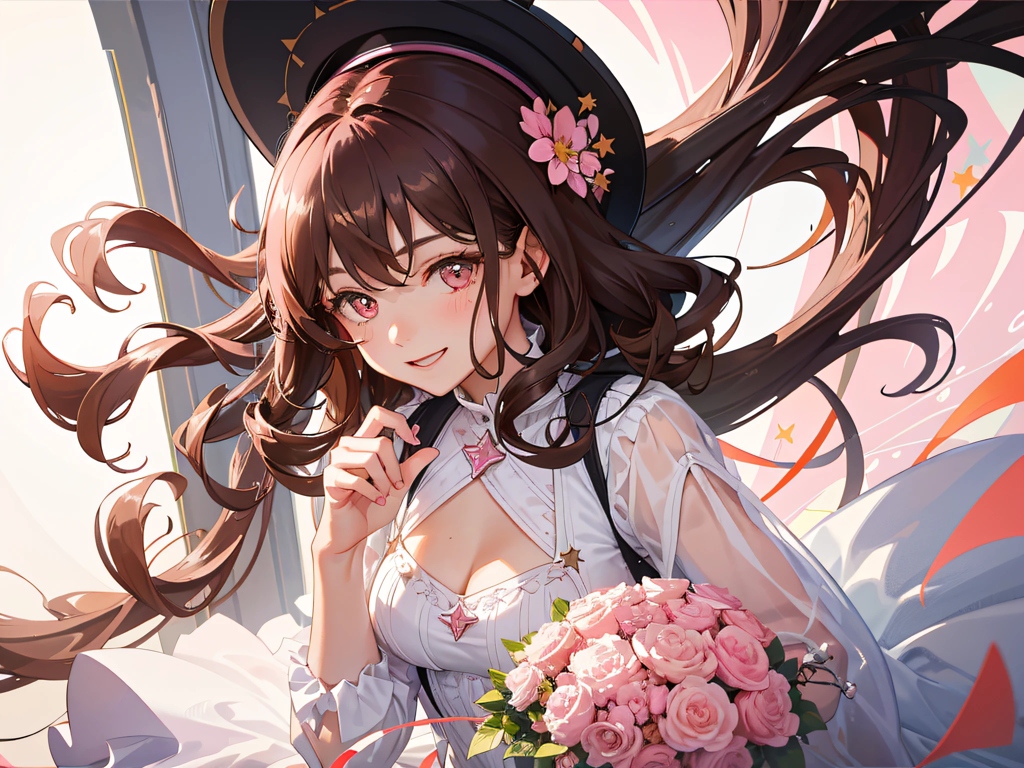 tmasterpiece,best qualtiy,the detail,1girl,with curly brown hair,closeup cleavage,brightly,lineworks,abstracted,cheerfulness,intriguing,Pink white,Clothing is transparent,Star antimony