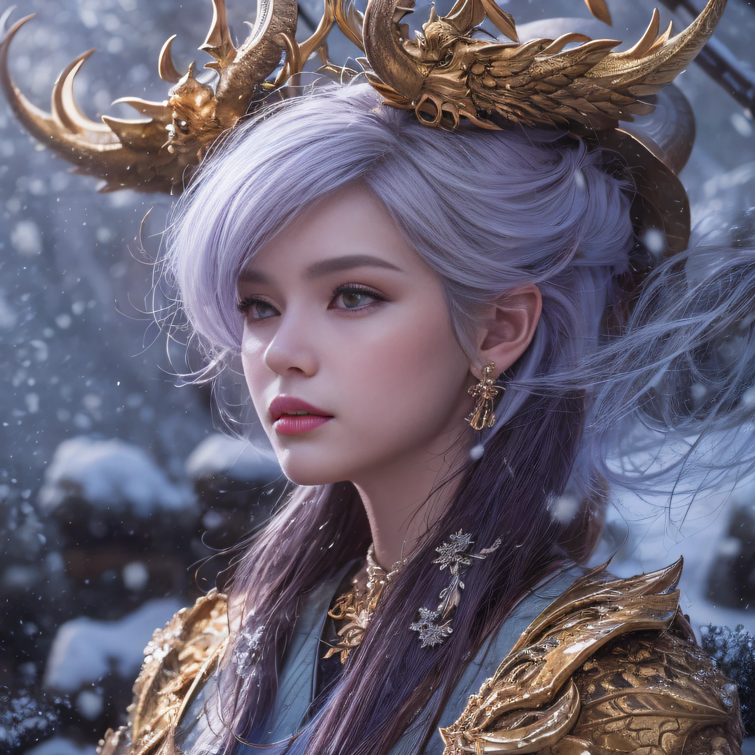 16k（tmasterpiece，k hd，hyper HD，16k）short detailed hair，Vintage train sleeper area，Snow Circle Witch ，Two Golden Dragon Protectors （realisticlying：1.4），Python robe，Purple apron，Snowflakes fluttering，The background is pure， A high resolution， the detail， RAW photogr， Sharp Re， Nikon D850 Film Stock Photo by Jefferies Lee 4 Kodak Portra 400 Camera F1.6 shots, Rich colors, ultra-realistic vivid textures, Dramatic lighting, Unreal Engine Art Station Trend, cinestir 800，