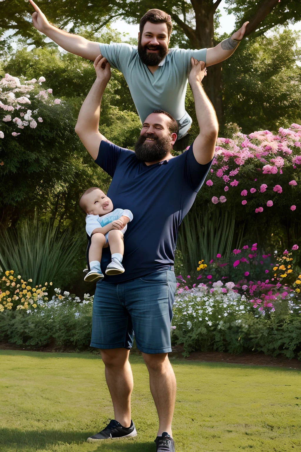 The bearded middle-aged father lifts the child into the air, rindo, large area of flowers in the foreground, luz suave, Comfortable tones, hiper-realista, 8k