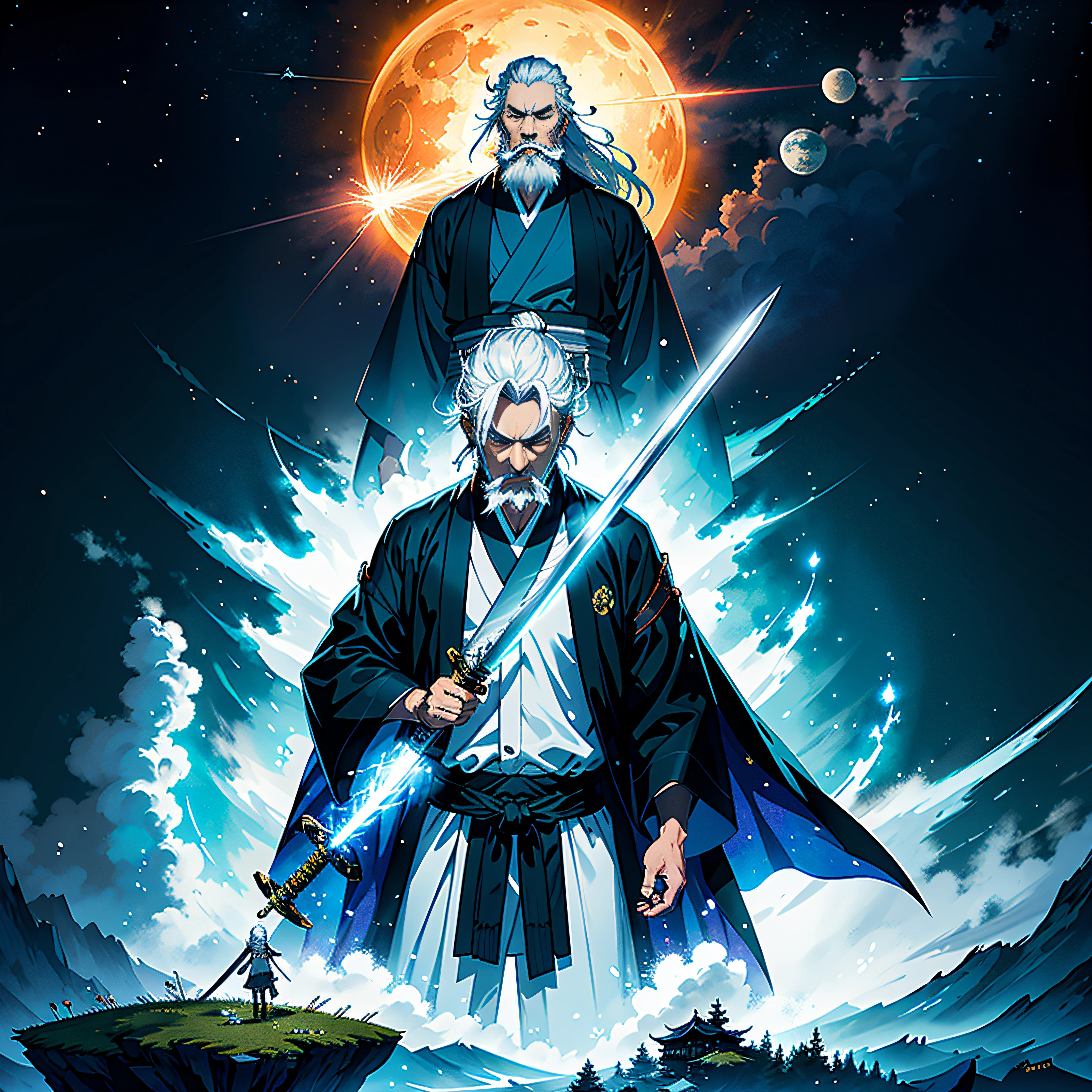 themoon, optic, fanciful,The sky was dark,storming,Lightning,in a panoramic view,Space is distorted,The Sword Saint Ichigami is a legendary warrior,Also the founder of the Ashina clan。He is an old man with white hair and a beard,Wearing a blue kimono with a black pattern and a white cloak, a violent sun explosion is in the middle of the belly,He carried a katana and a spear。He also had a gun hidden in his sleeve。 He would rather die than kneel on the grass,The surrounding space twisted in all directions,