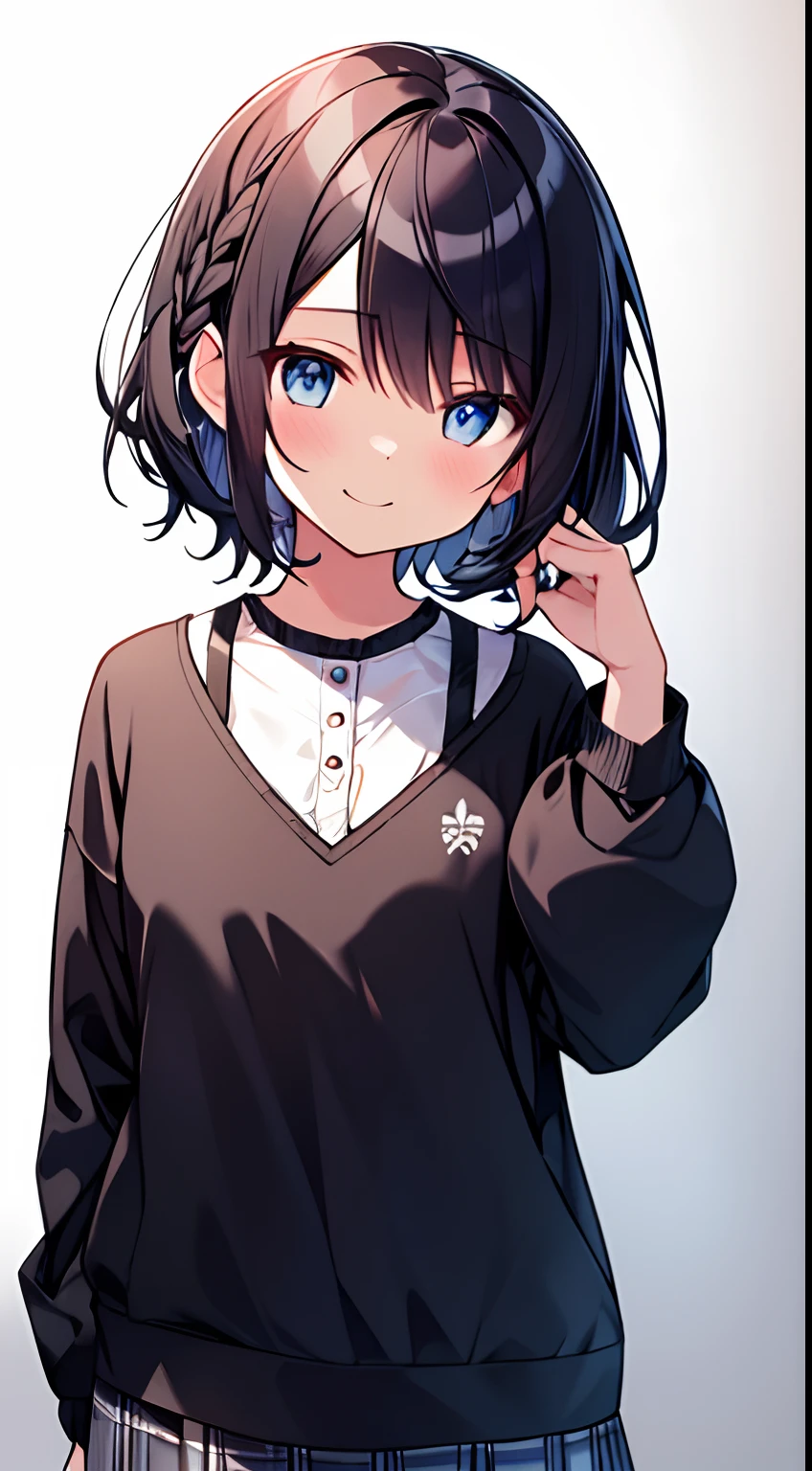 masutepiece, Best Quality,Illustration, Wallpaper, Ultra Detail, 1girl in,Solo,Beautiful detailed eyes,Very thick contour lines、Medium Short-Cut Hair、Short, Braided hair、(student clothes)、Dark hair color、A smile、Walking next door、Kamimei、Overlooking angle:1.2、small head