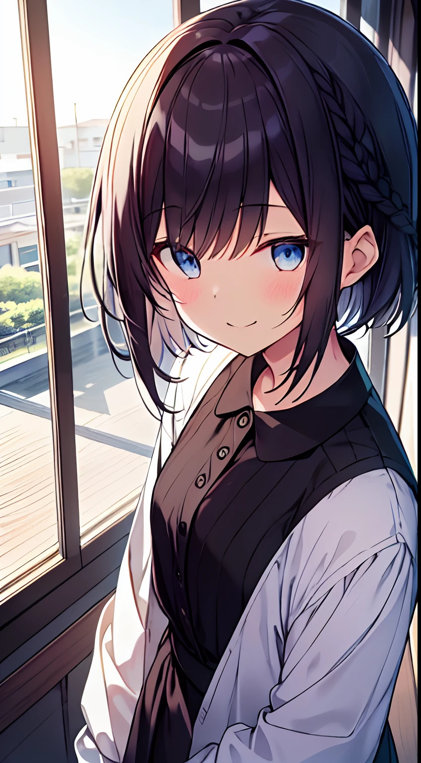 masutepiece, Best Quality,Illustration, Wallpaper, Ultra Detail, 1girl in,Solo,Beautiful detailed eyes,Very thick contour lines、Medium Short-Cut Hair、Short, Braided hair、(student clothes)、Dark hair color、A smile、Walking next door、Kamimei、Overlooking angle:1.2、small head