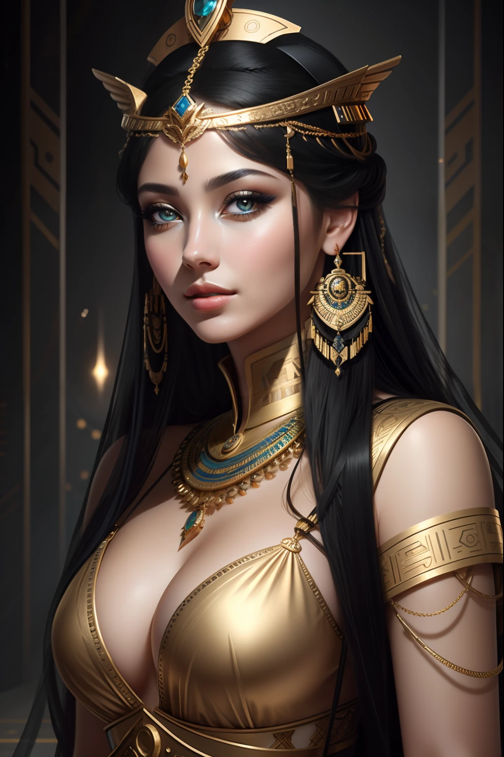 Cleopatra as a modern woman 2023, elongated corners of the eyes, black azure gold, the most detailed portrait photography in the world, raw style, trends on artstation, trends on pixiv, trends on Pinterest