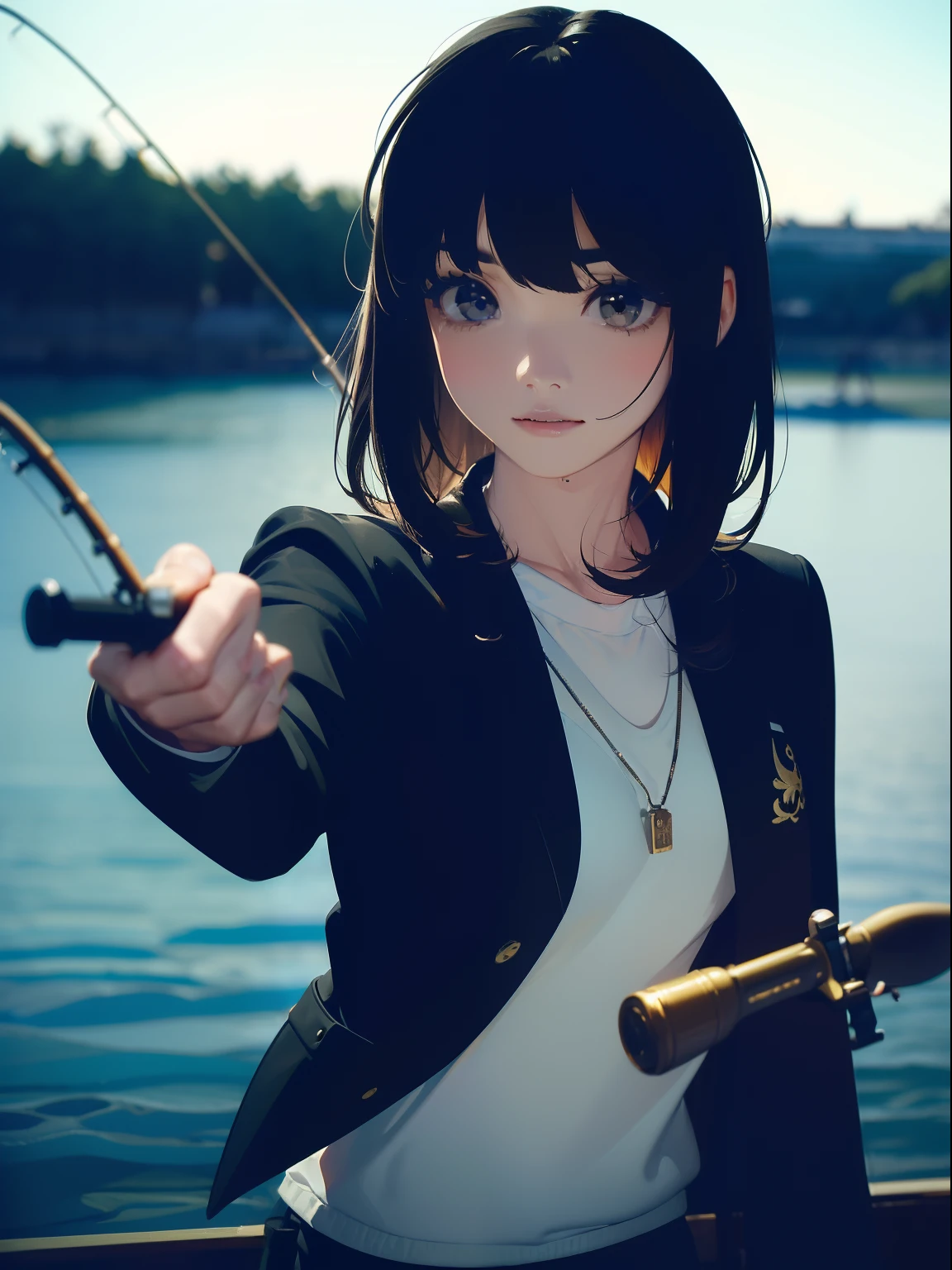 ((((Have a fishing rod with a reel by the lake)))),((Best Quality, masutepiece :1.3)),((( Large Mouth Bus))),hight resolution,ultra-detailliert,Beauty and aesthetics,​masterpiece,best qualtiy,(1 Japanese woman),Black hair, long eyeslashes, Solid Circle Eyes, deadpan, drop shadow, Atmospheric perspective,Super Detail, ccurate, small brest,(Black jacket :1.1),top-quality, absurderes:1.2, blurry backround, bokeh dof:1.2, a picture, (​masterpiece:1.3), (intricate detailes:1.2), Atmospheric perspective,Super Detail, ccurate,
