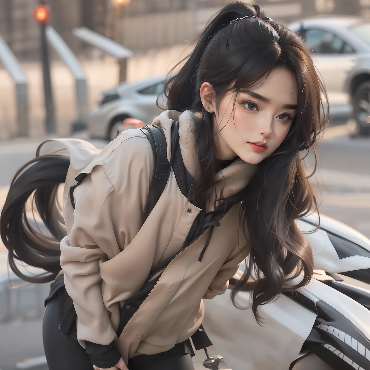Her long black and silky hair was draped loosely,You can see that it should have been tied with a high ponytail,But gradually disperse in the process of running,A few tufts of hair on the back of the head were still tied in the leather bands,The forehead is smooth and full,The slender and straight brow bone is delicately balanced with the contours of the face,It reveals a hint of fairy air,The eyebrows are like a calligrapher's pen,Smooth and even,Lashes naturally curve upwards,The corners of the eyes are slightly upturned,There was a cold and pure breath in the bright big eyes,It shimmers even in the dark,The small, straight nose resembles an unbladed sword,The figure is bumpy,Wear a black tights jacket and leggings
