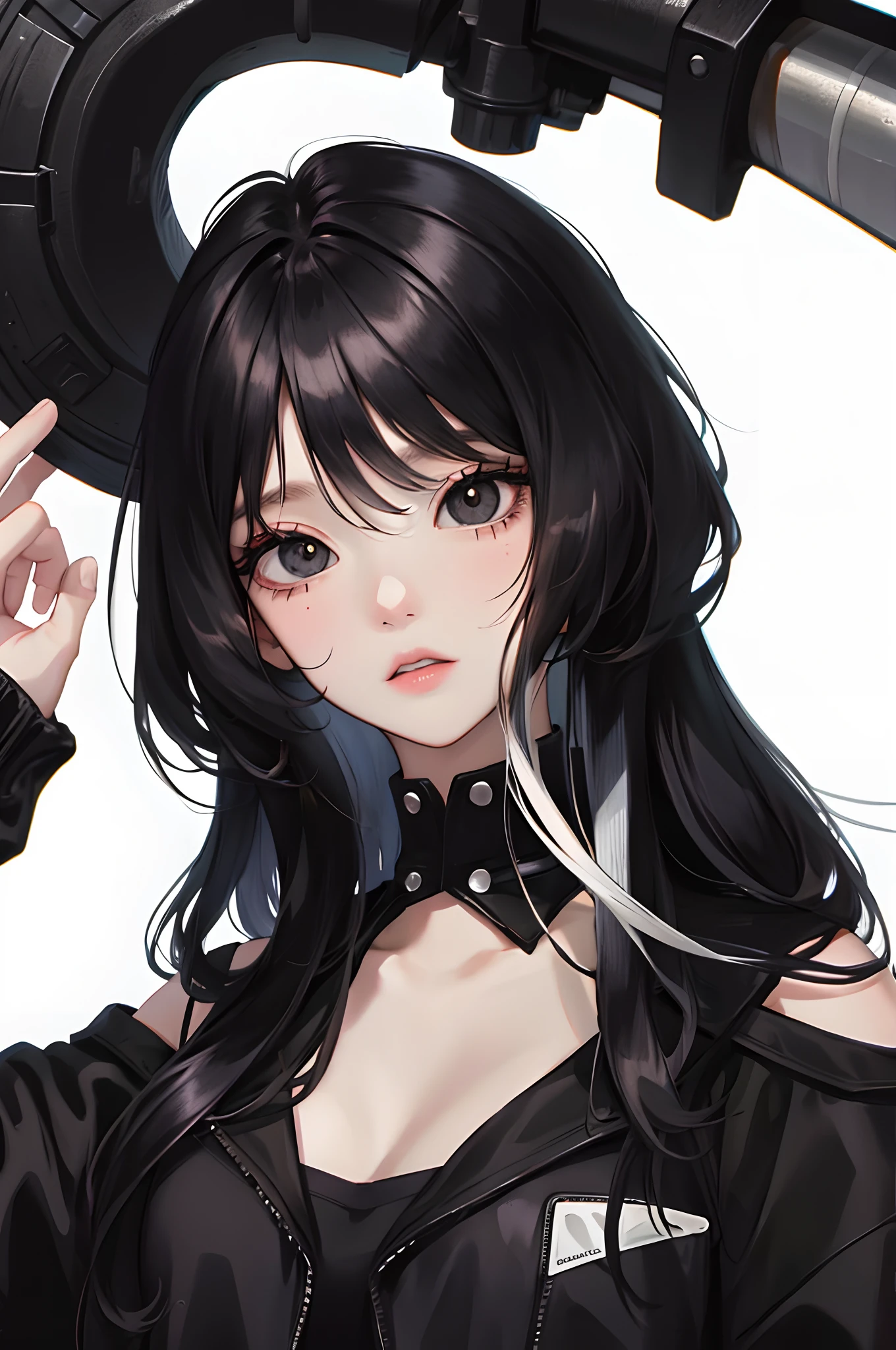 Close-up, anime girl, black and long hair, black eyes, black clothes, white background
