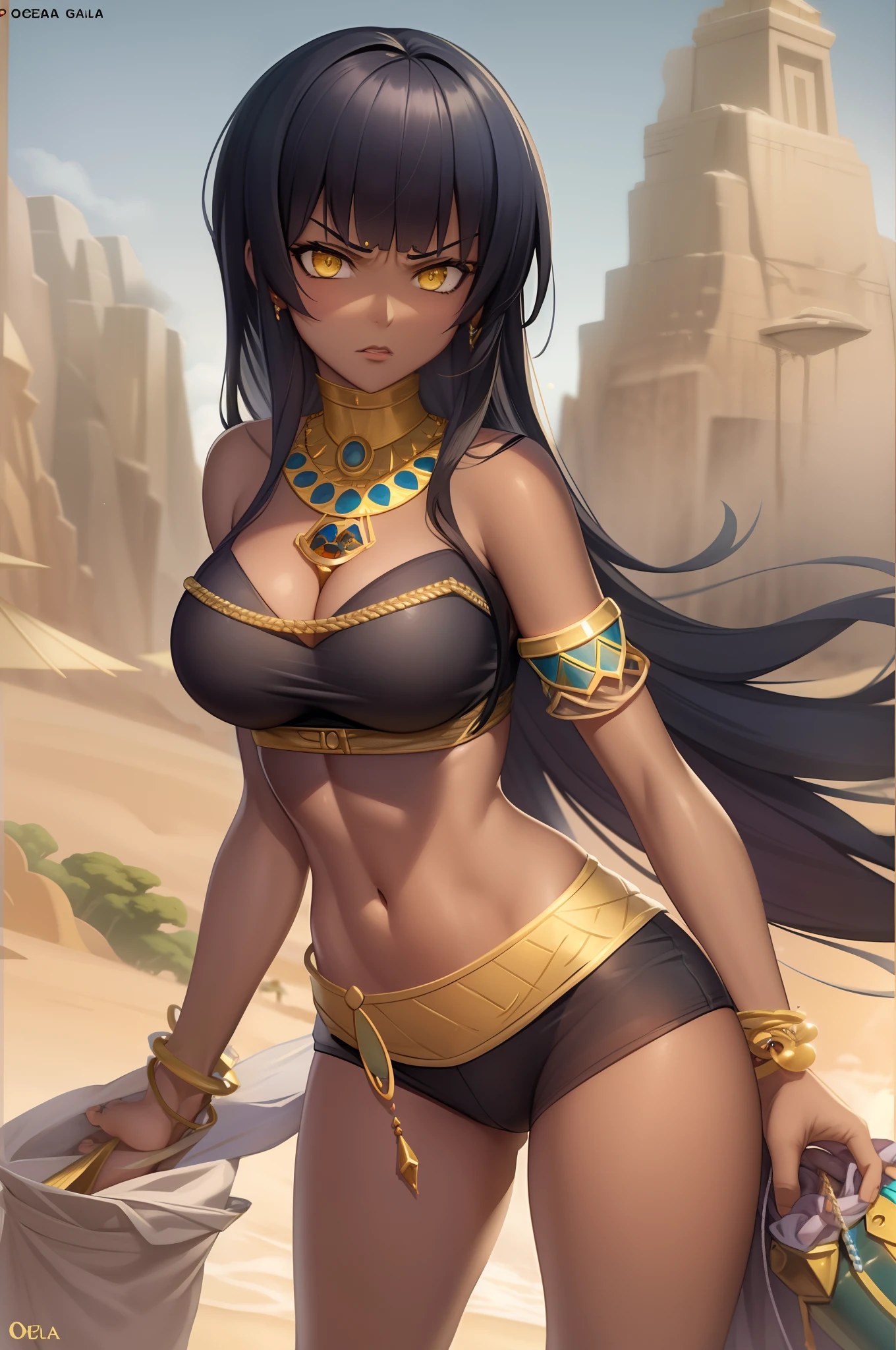 legend of queen opala, 1girl, osira (character), black hair, Egyptian skin, yellow eyes, blunt bangs, big breasts, black form-fitting strapless bra, black thong, see-through baggy genie pants, annoyed expression, in the beach near the desert, turned around