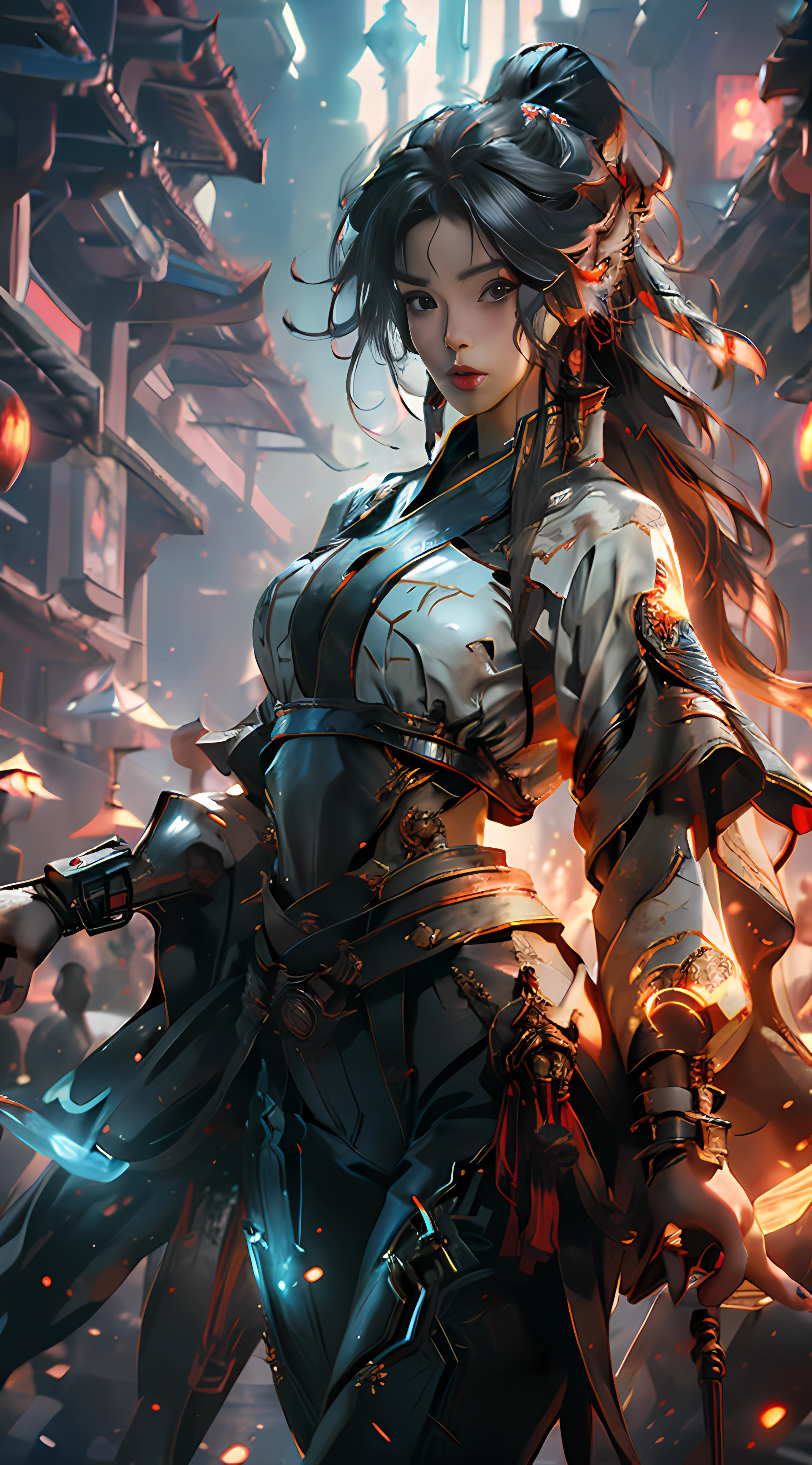 ((Best Quality)), ((Masterpiece)), (Details: 1.4), 3D, (Cyberpunk Style Female Mecha Image: 1.7), ((35-year-old Sexy Mature Female Image)), (Sexy Big Sister Female Image), (Xiu Xian Background: 1.5), (Multiple Poses), HDR (High Dynamic Range), Ray Tracing, NVIDIA RTX, Super-Resolution, Unreal 5, Subsurface Scattering, PBR Texture, Post-processing, anisotropic filtering, depth of field, maximum clarity and sharpness, multi-layered textures, albedo and highlight maps, surface coloring, accurate simulation of light-material interactions, perfect proportions, perfect body, Octane Render, absurd, rule of thirds, 8K RAW, big breasts, long black hair, delicate facial features, red mix and match yoga pants mecha style, Chinese style Xiuxian background