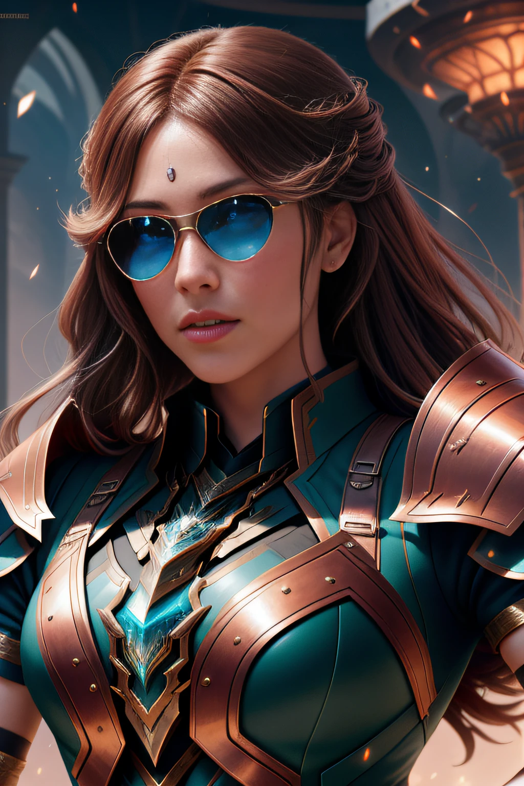 Elastic photos [Siren|sorceress woman] , Thunderball, An armored woman wearing sunglasses,salama ,wearing edgThunderstruck_Armor, electrified, weilding thunder, Perfect face, Pretty face, Brown eyes, copper-haired, Big hair, Flat chest, lush detailing, absurderes,