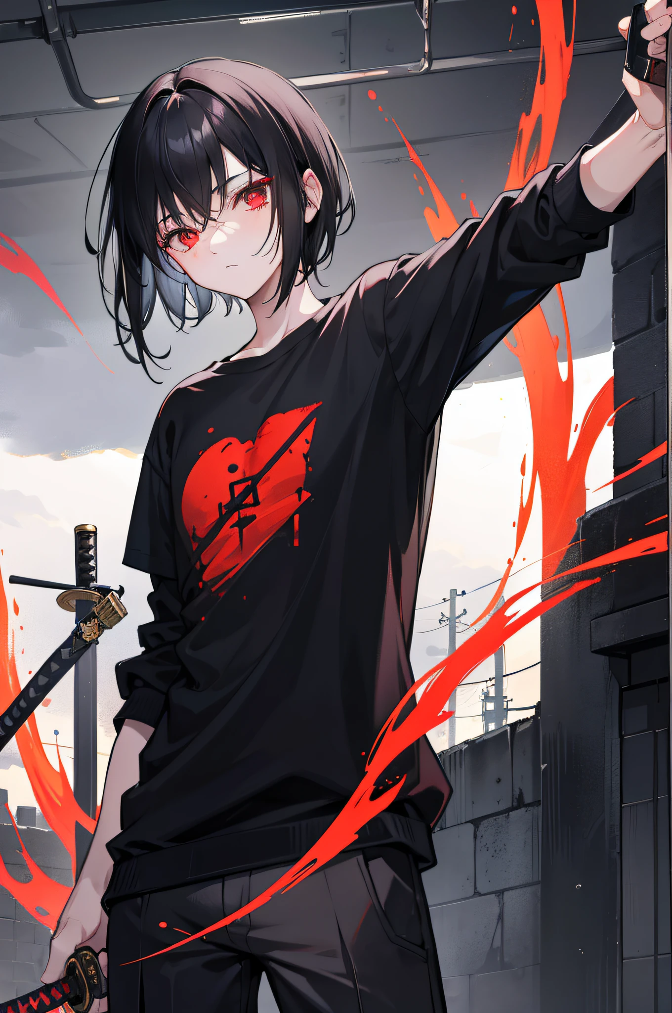 with short black hair,Red-eyed age boy,Stand on the street where there is no one at night,extreme hight detail,short- sleeved,shorter pants,A katana in one hand