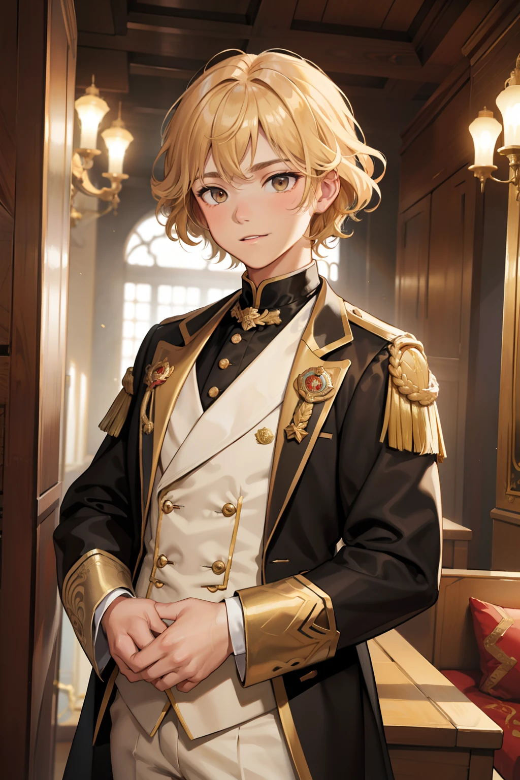 13-year-old boy、is standing、from waist up、Golden hair、curlyhair、I have bangs、a lot of bangs、Brown eyes、A slight smil、Plump、suits、Game Graphics、white backgrounid、End of 19th century、Ilya Repin