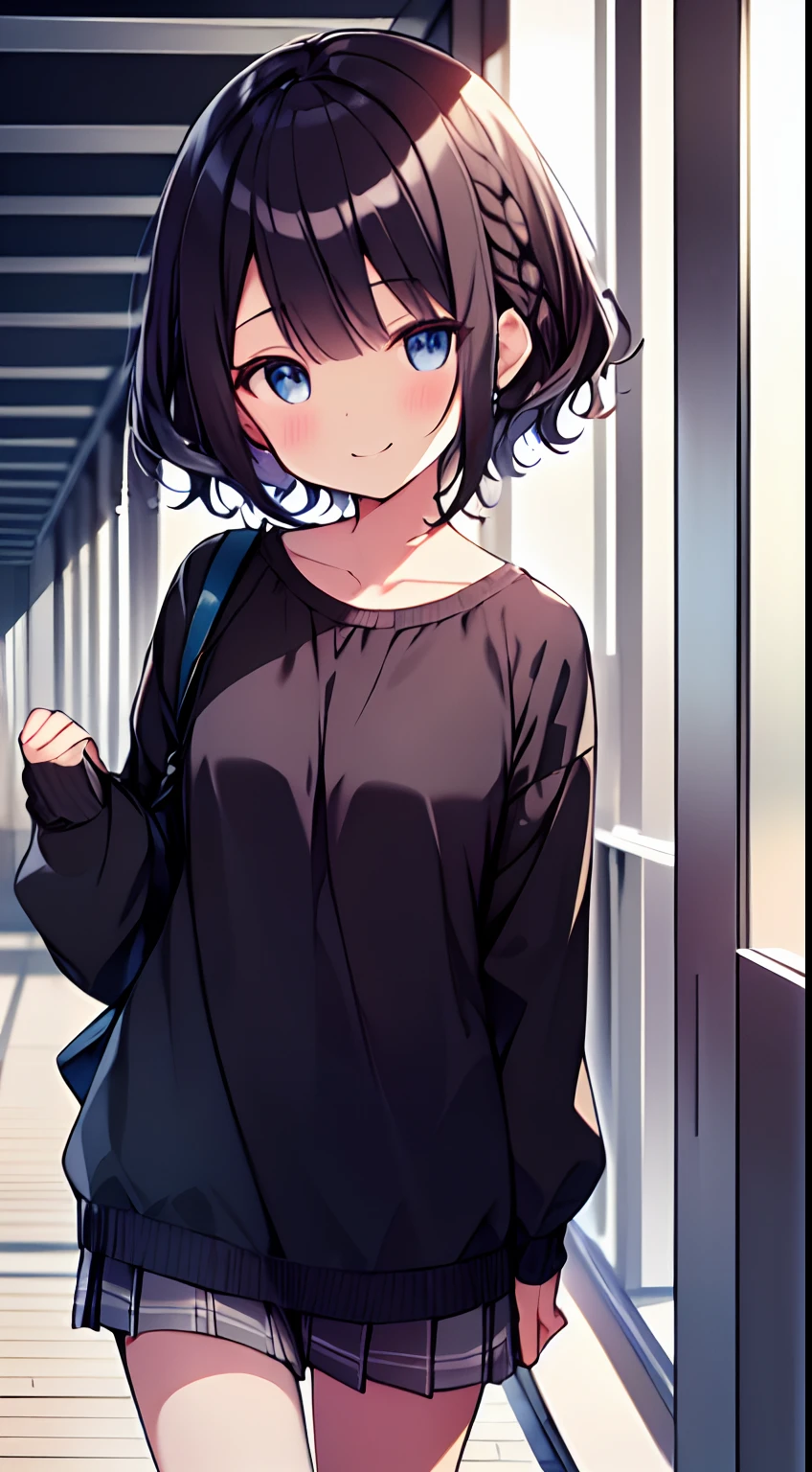 masutepiece, Best Quality,Illustration, Wallpaper, Ultra Detail, 1girl in,Solo,Beautiful detailed eyes,Very thick contour lines、Medium Short-Cut Hair、Short, Braided hair、(student clothes)、Dark hair color、A smile、Walking next door、Kamimei、Overlooking angle:1.2、small head