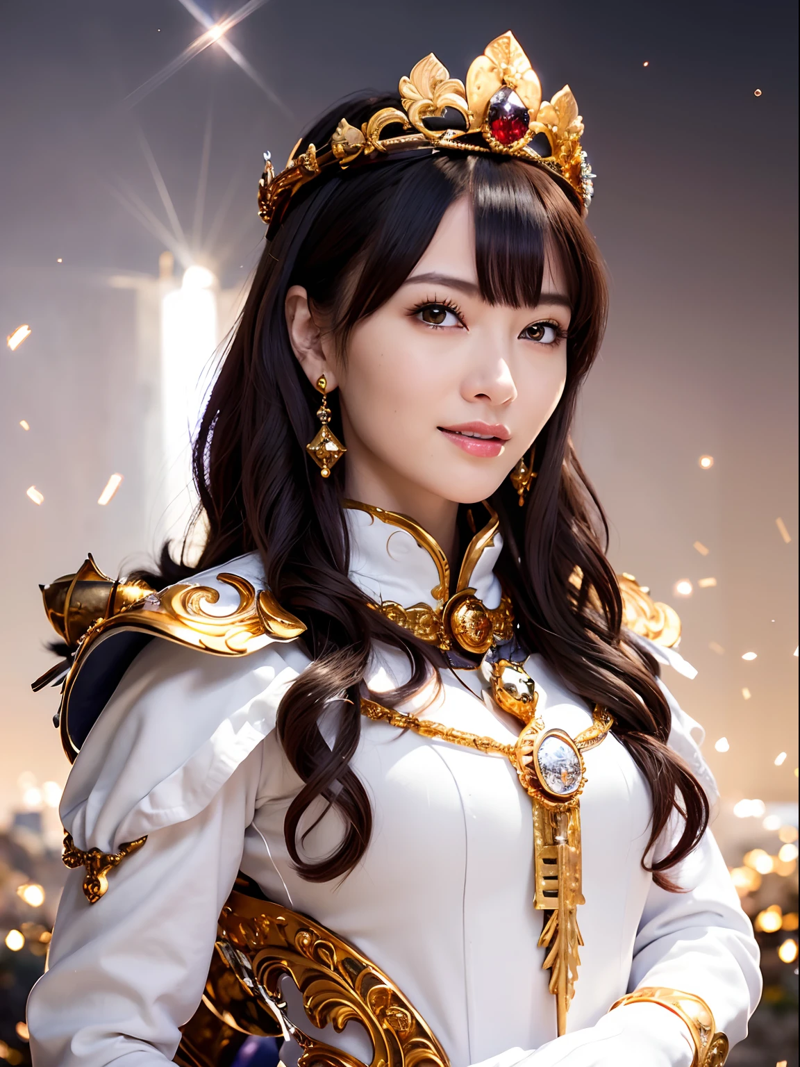 (masutepiece), Professional , masterpiece、top-quality、photos realistic , depth of fields (Gemstone Silver Metal Body:1.9),(Matte White、Particles of light、Jewel Gold Weapon(Jewel Metal Body:1.4),Gorgeous metal weapons , Detailed Sword of the Brave , Beautiful knife ,warhammer 40k , adepta sororitas,Detail and ornate jewel crown、Black hair、Gangle's forest background、Beautiful Caucasian beauty、1a person、dynamic ungle,(((Detailed and ornate diamond crown)))、Smaller head、A smile、sexypose、(Gorgeous castle background)、