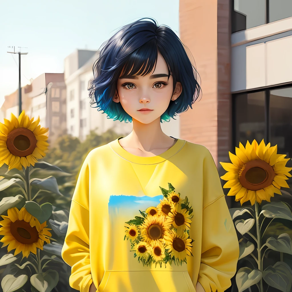blue short hair,heterochromatic eyes,teens girl,A yellow sweatshirt painted with sunflowers