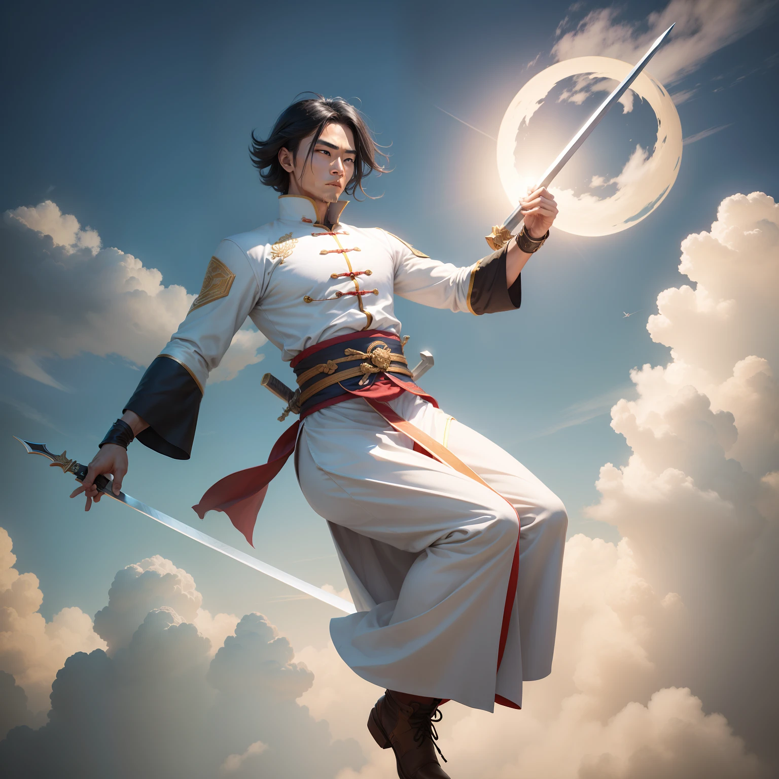 There was a man riding a giant sword in the sky, levitating above the ground, rising in the air levitating, levitating, . Clean, Kungfu, The man wears a Taoist uniform，eastern style，The real world