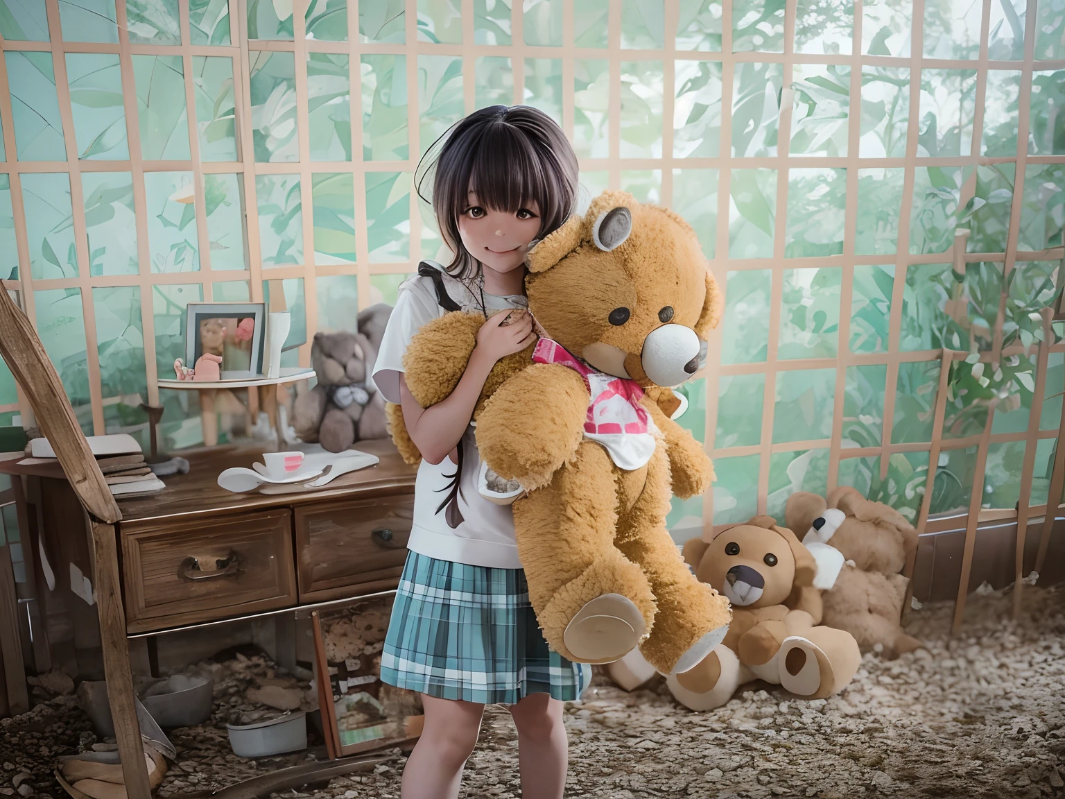 "Photo of loli-colored girl holding a stuffed teddy bear，In the distance is suspended the natural scenery of Chiho photo，A childhood friend poses for a photo with a teddy bear。"