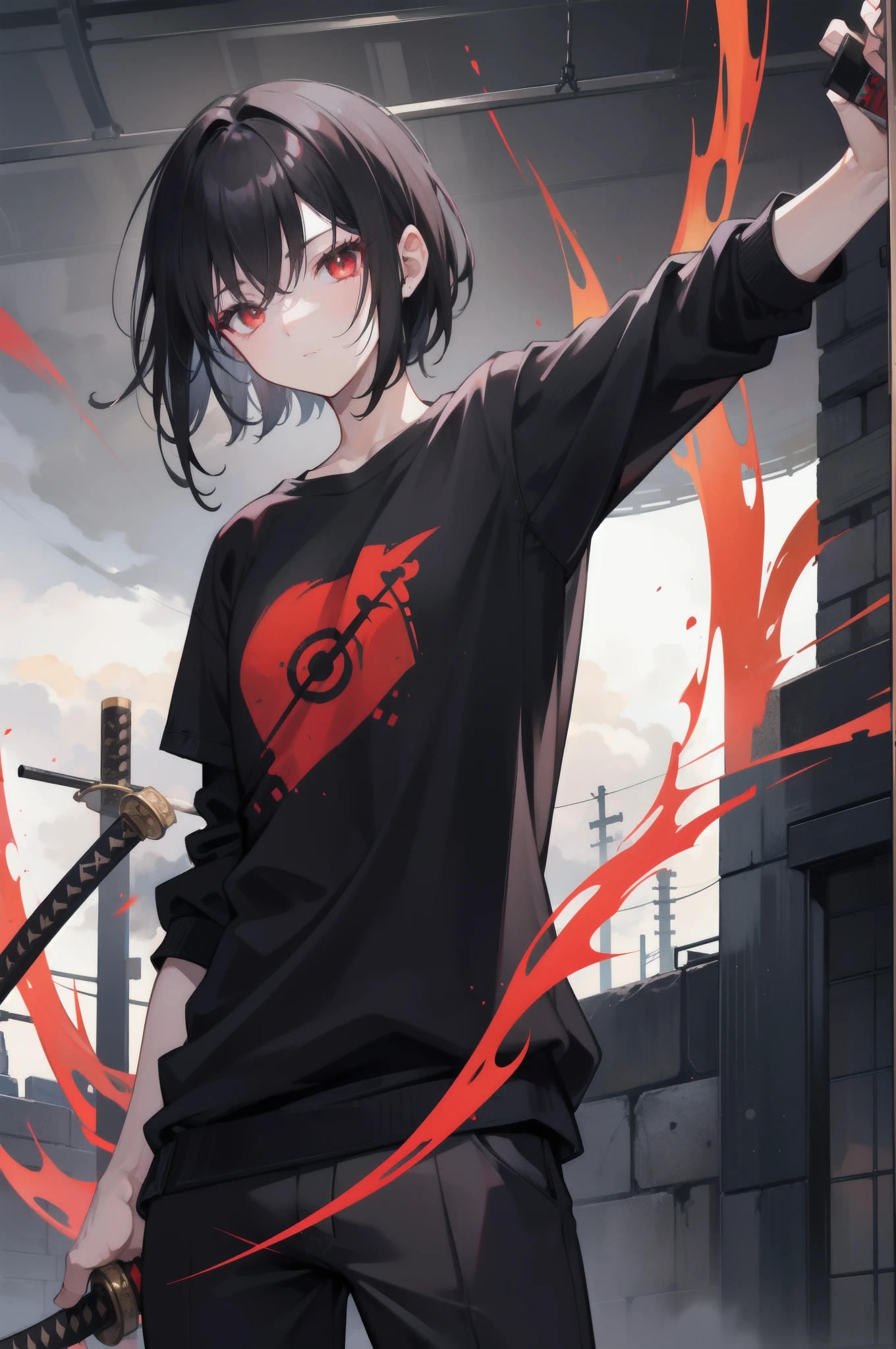 with short black hair,Red-eyed ager,Stand on the street where there is no one at night,extreme hight detail,short- sleeved,shorter pants,Katana in one hand