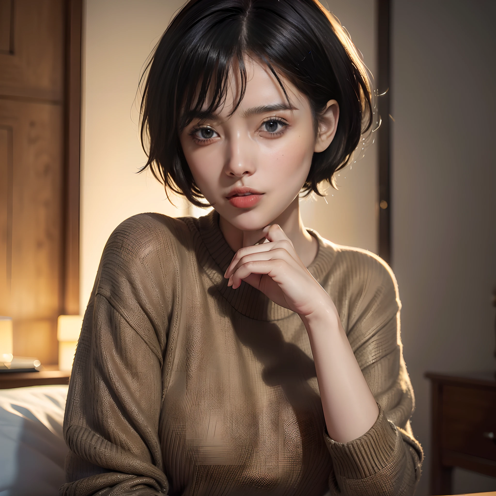 (masterpiece:1.3), (8k, photorealistic, RAW photo, best quality: 1.4), (1girl), beautiful face, (realistic face), (black hair, short hair:1.3), beautiful hairstyle, realistic eyes, beautiful detailed eyes, (realistic skin), beautiful skin, (sweater), absurdres, attractive, ultra high res, ultra realistic, highly detailed, golden ratio