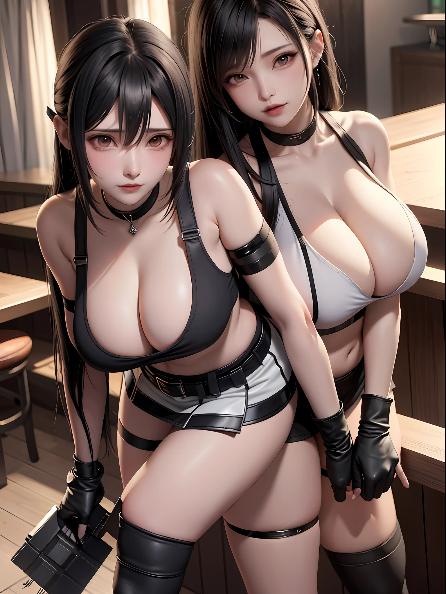 solo,1girl,Final Fantasy VII, (nose blush), single elbow pad, ankle boots, black hair, black skirt, black thighhighs, red boots, elbow gloves, elbow pads, fingerless gloves, taut shirt, sports bra, (suspender black skirt), thighhighs, white tank top, top body is hyperrealistic thicc muscle and hyper largest_breasts!! with the type of boobs_melons, black hair, full body, look at viewer, posing standing in bar, sensual mouth, makeup, bokeh,