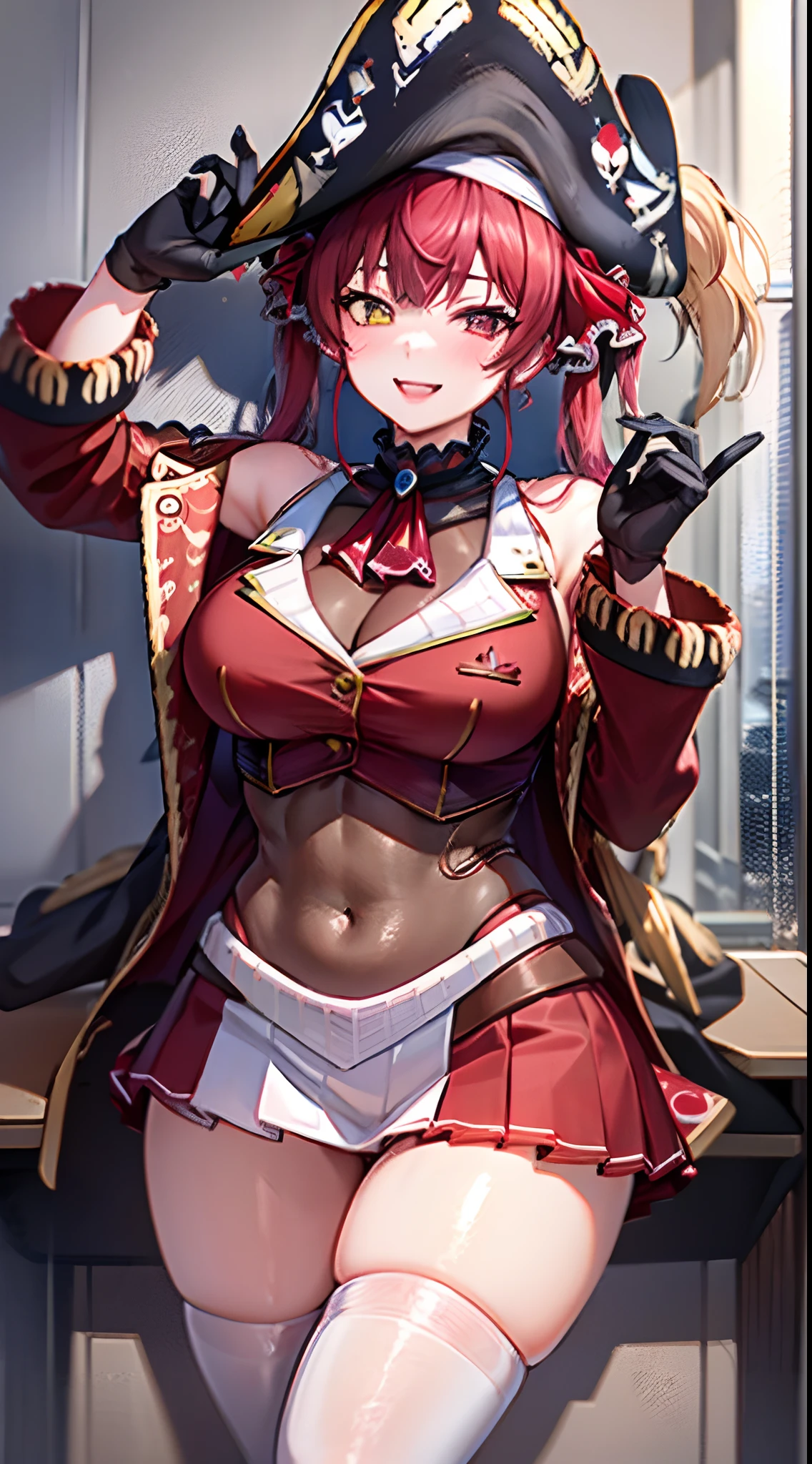 1girl, solo, ((Houshou Marine)), long twintails, (red hair ribbon), large breasts, smiling, thighs, Pirate Hat, Red miniskirt,