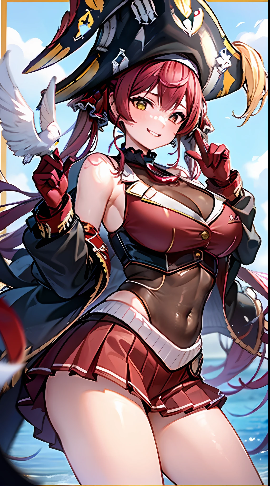 1girl, solo, ((Houshou Marine)), long twintails, (red hair ribbon), large breasts, smiling, thighs, Pirate Hat, Red miniskirt,
