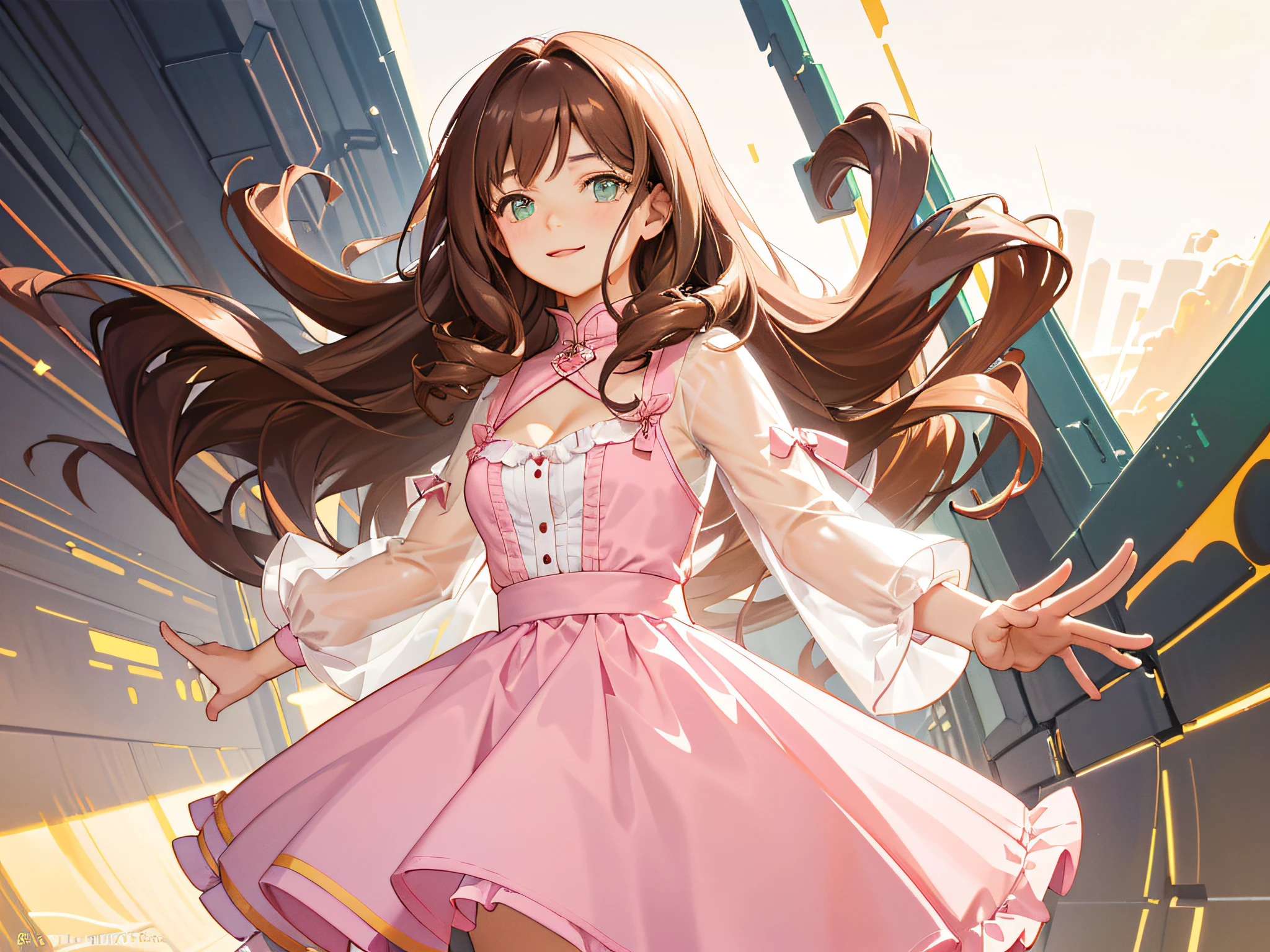 tmasterpiece,best qualtiy,the detail,1girl,with curly brown hair,closeup cleavage,brightly,lineworks,abstracted,cheerfulness,intriguing,Pink white,Clothing is transparent,Jessica,Light dark green eyes