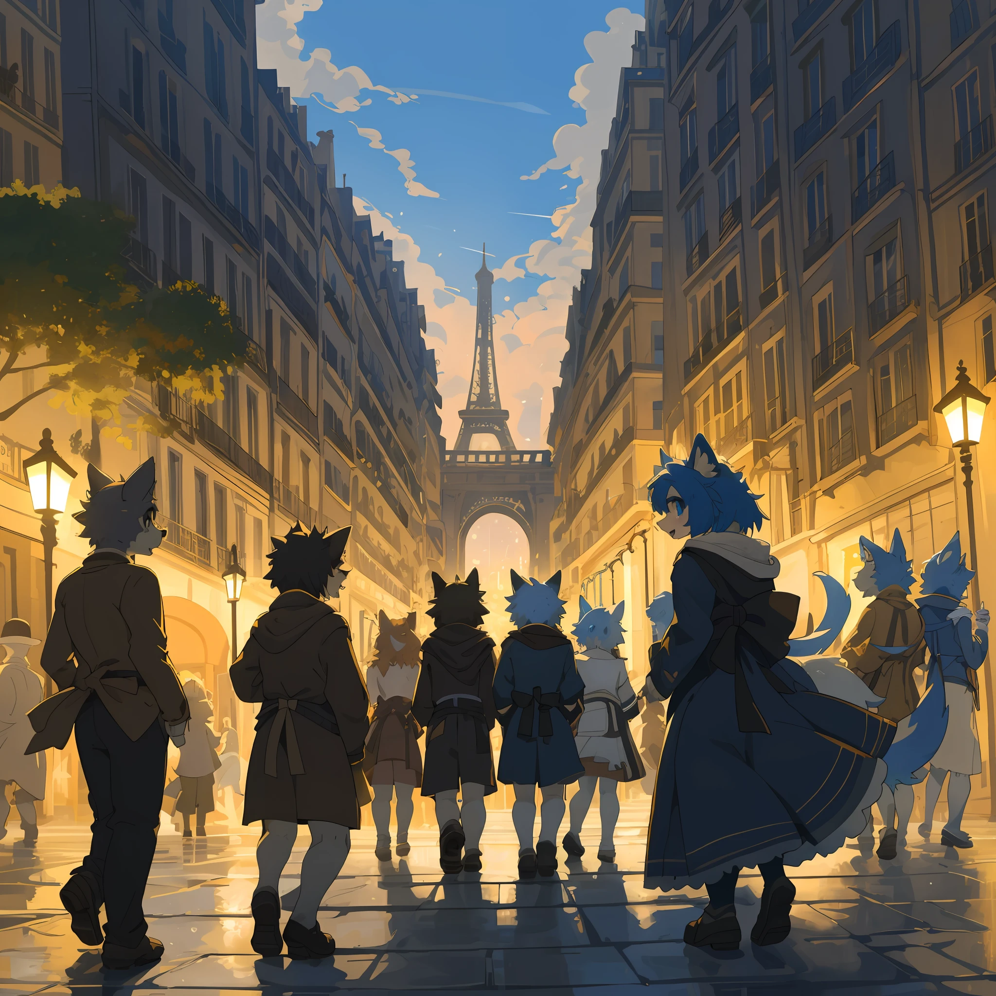 top quality, best quality, High-quality illustrations, masterpiece, super high resolution, detailed background, Streets of Paris, The fountain, 6+boys, 6+girls, absurdres(highly detailed beautiful face and eyes)perfect anatomy, expression, good lighting, cinematic shadow(kemono, furry anthro)assorted poses, dynamic angle,