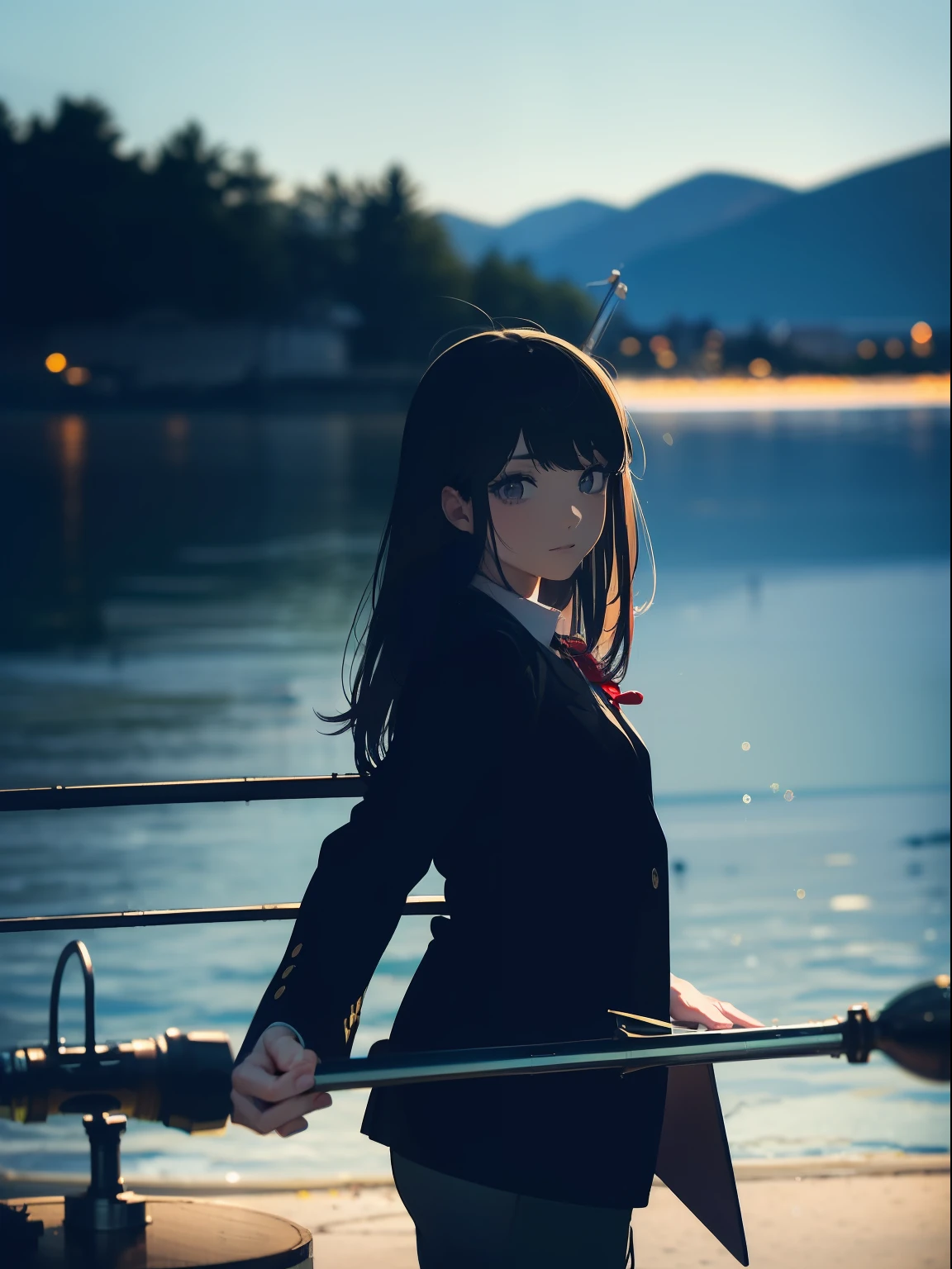 ((((Have a fishing rod with a reel by the lake)))),((Best Quality, masutepiece :1.3)),((( Large Mouth Bus))),hight resolution,ultra-detailliert,Beauty and aesthetics,masterpiece,best qualtiy,(1 Japanese woman),Black hair, long eyeslashes, Solid Circle Eyes, deadpan, drop shadow, Atmospheric perspective,Super Detail, ccurate, small brest,(Black jacket :1.1),top-quality, absurderes:1.2, blurry backround, bokeh dof:1.2, a picture, (masterpiece:1.3), (intricate detailes:1.2), Atmospheric perspective,Super Detail, ccurate,