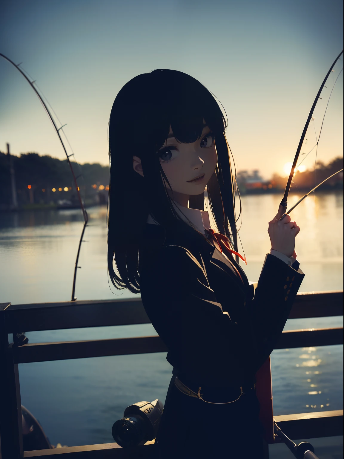 ((((Have a fishing rod with a reel by the lake)))),((Best Quality, masutepiece :1.3)),((( Large Mouth Bus))),hight resolution,ultra-detailliert,Beauty and aesthetics,masterpiece,best qualtiy,(1 Japanese woman),Black hair, long eyeslashes, Solid Circle Eyes, deadpan, drop shadow, Atmospheric perspective,Super Detail, ccurate, small brest,(Black jacket :1.1),top-quality, absurderes:1.2, blurry backround, bokeh dof:1.2, a picture, (masterpiece:1.3), (intricate detailes:1.2), Atmospheric perspective,Super Detail, ccurate,