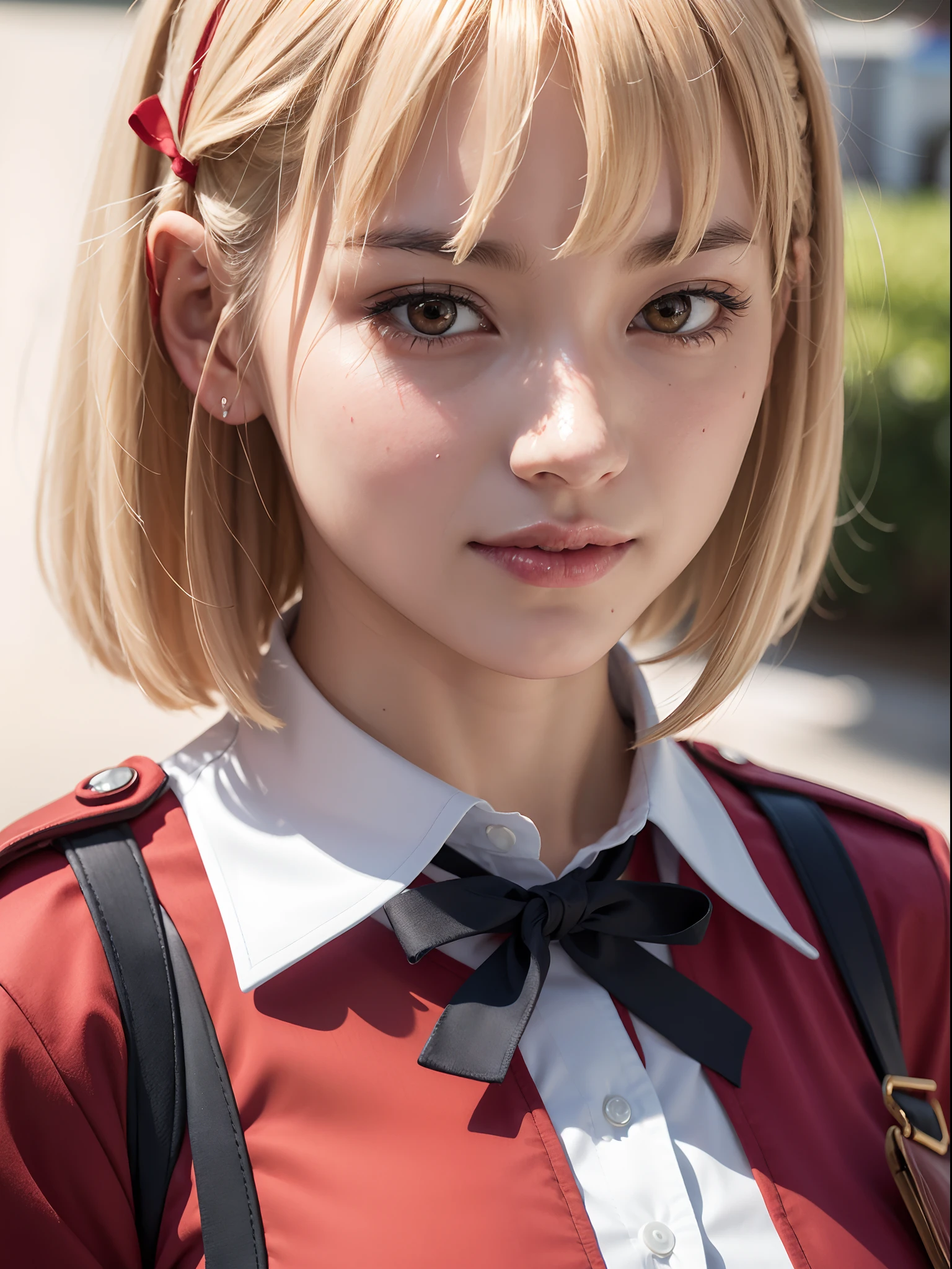 (masterpiece, best quality:1.4), (close up:1.5), (eyes focus:1), happy and big smile, chisatonishikigi, nishikigi chisato, short hair, bangs, blonde hair, (red eyes:1.5), hair ribbon, one side up, bob cut, BREAK shirt, long sleeves, dress, ribbon, white shirt, collared shirt, belt, neck ribbon, red dress, blue ribbon, pleated dress, grey dress, two-tone dress, red belt, lycoris uniform, BREAK outdoors, city, BREAK, looking at viewer ,looking at viewer looking at viewer beautiful face, highly detailed face, highly detailed eyes, highly detailed skin, skin pores, subsurface scattering, realistic pupils, full face blush, full lips, detailed background, depth of field, volumetric lighting, sharp focus, absurdres, realistic proportions, good anatomy, (realistic, hyperrealistic:1.4), 16k hdr,