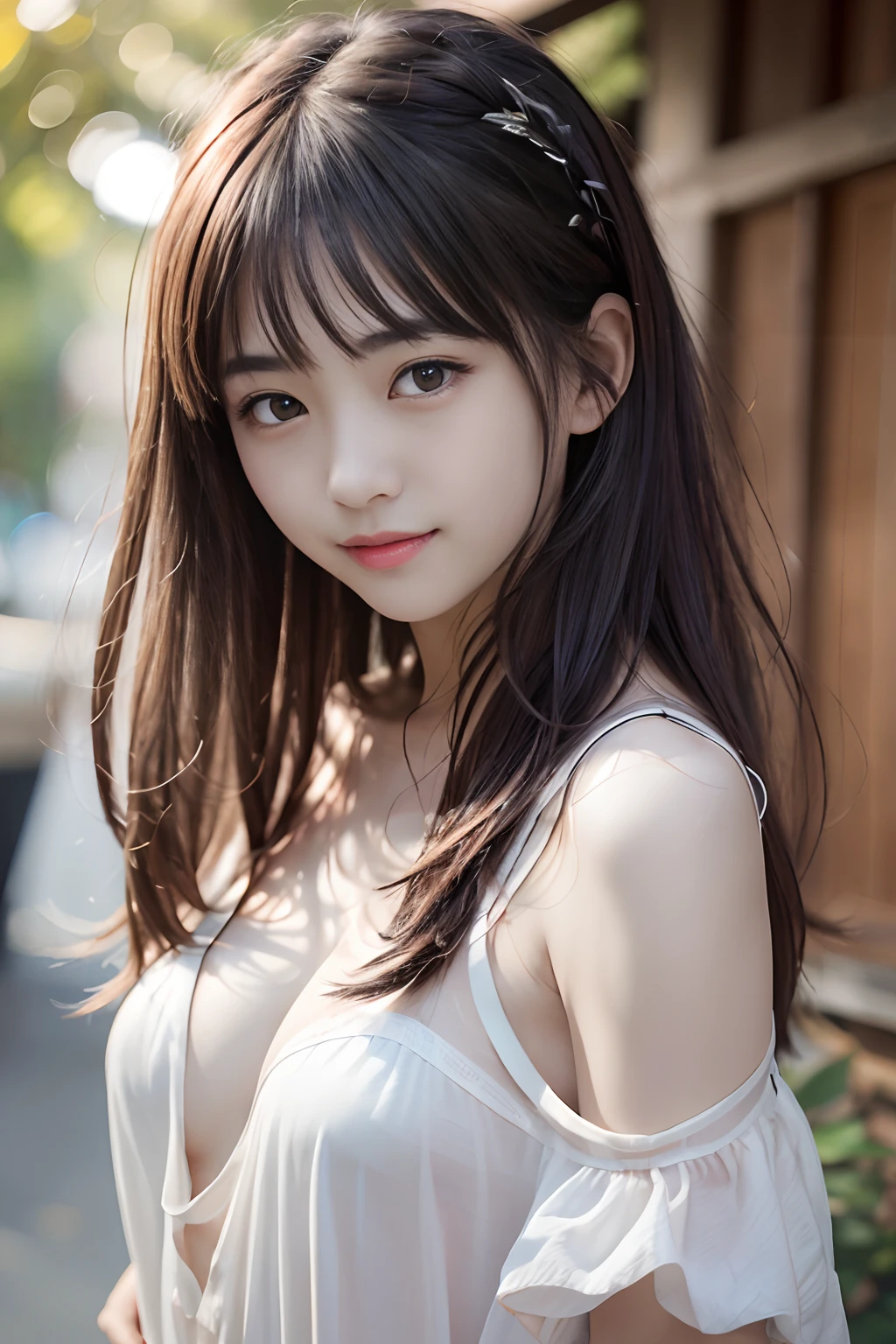 top-quality、masterpiece、超A high resolution、(Photorealsitic:1.4)、1girl in、shoulder、enticing、looking in camera、smil