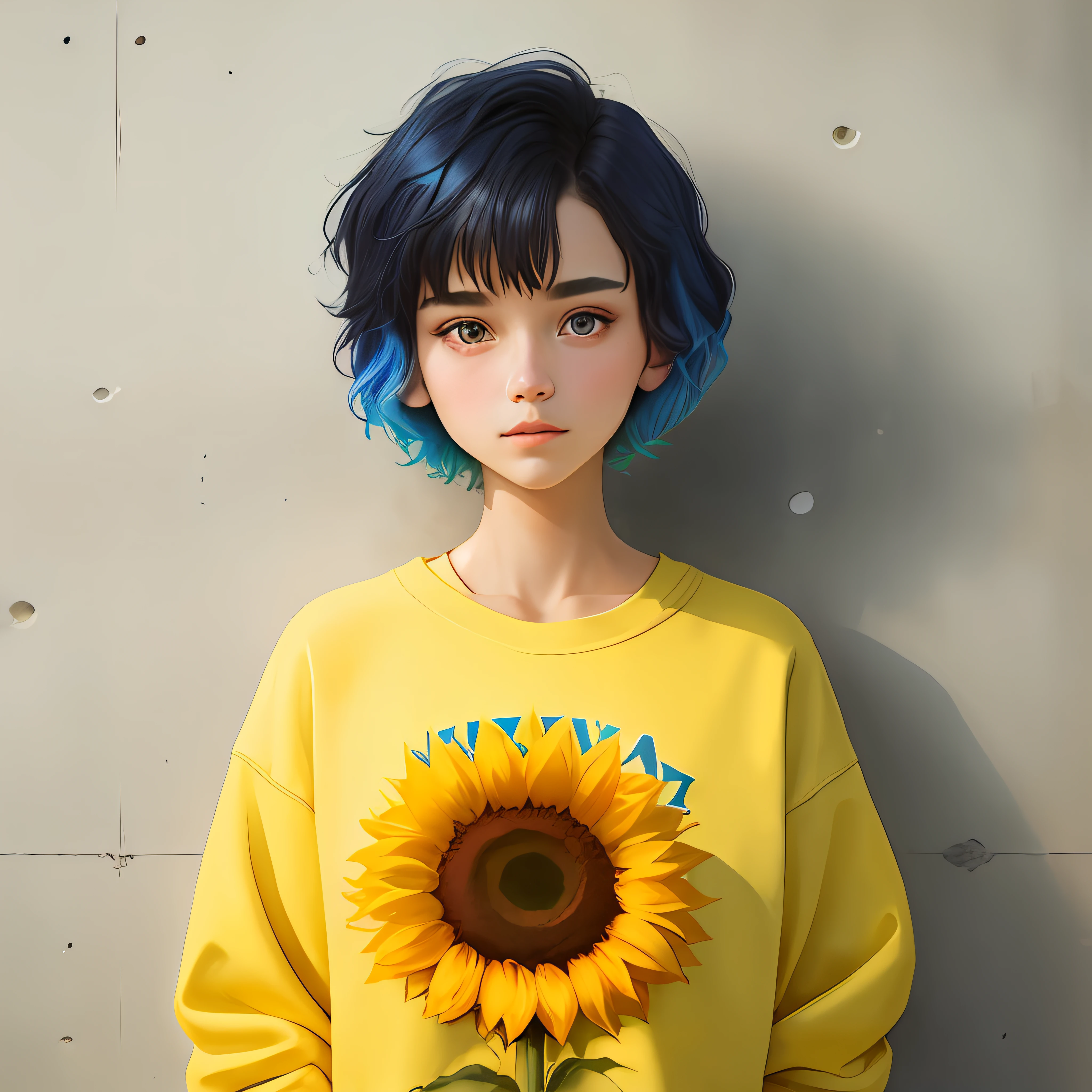 blue short hair，heterochromatic eyes，s girl，A yellow sweatshirt painted with sunflowers