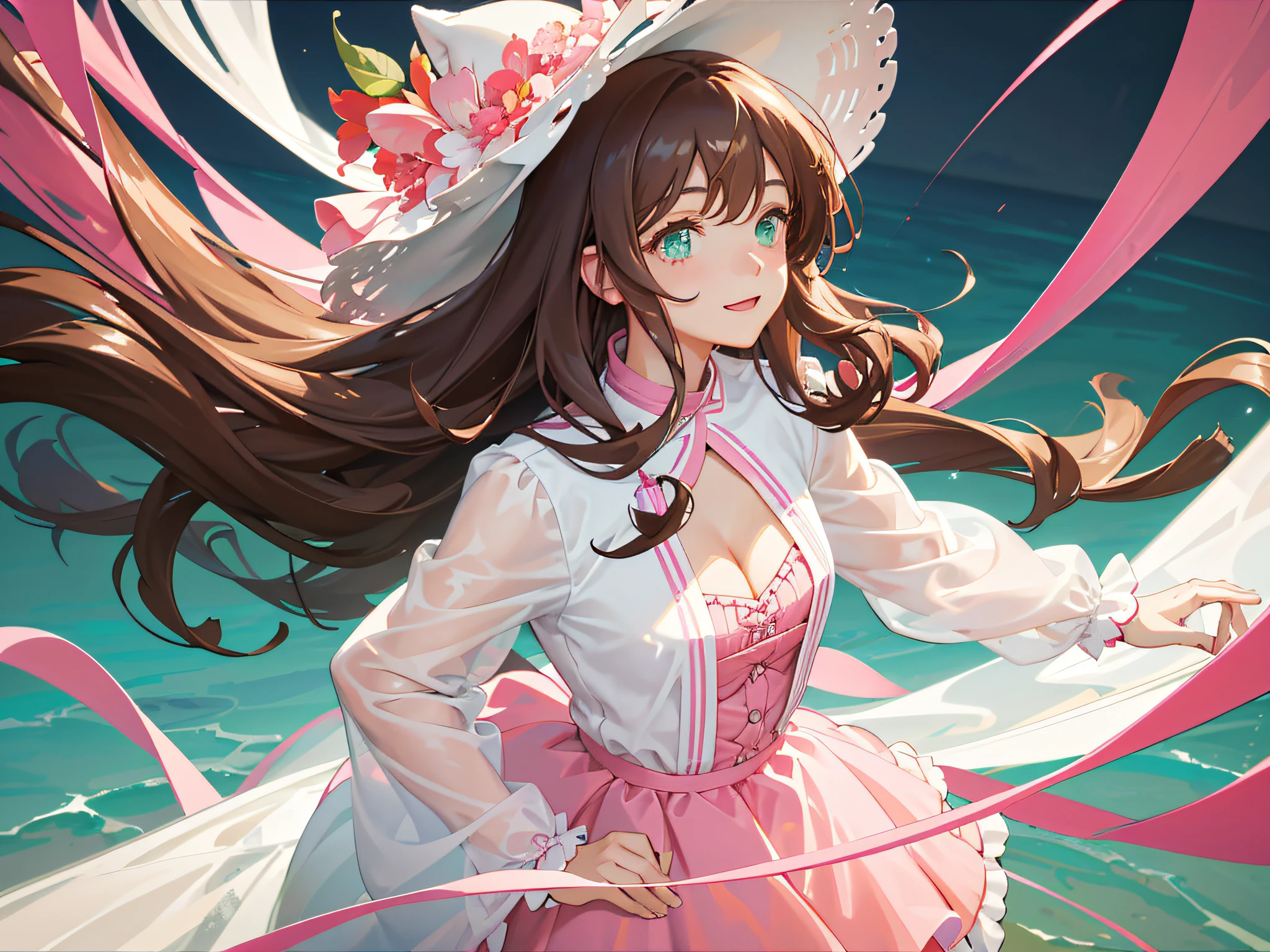 tmasterpiece，best qualtiy，the detail，1girl，with curly brown hair，closeup cleavage，brightly，lineworks，abstracted，cheerfulness，intriguing，Pink white，Clothing is transparent，Jessica，Light dark green eyes