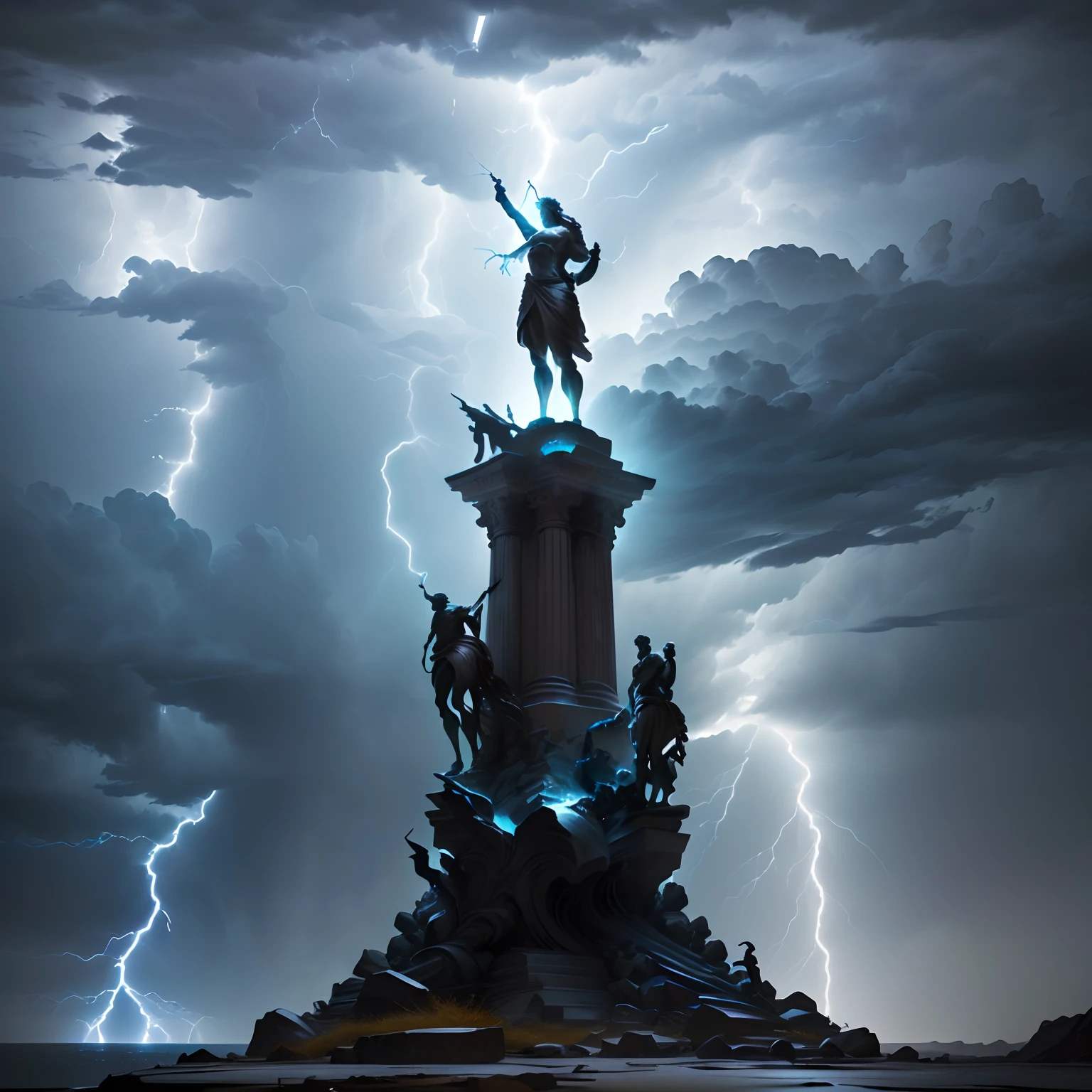 a statue of zeus, dynamic pose, standing on a rock:0.3, (with lightning in the background:1.4), (3/4 view), Clint Cearley, arnold render, a marble sculpture, (cinematic:1.4), slate gray atmosphere, hyperdetailed, soothing tones, insane details, low contrast, (((full body))), (centered), stormy sky, epic sky, volumetric lighting,