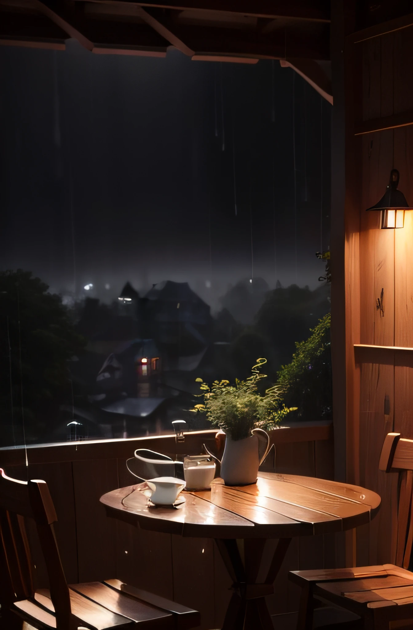 there is a small wooden house with a table and chairs in the rain, rainy day outside, magical environment, quiet and serene atmosphere, in a rainy environment, rainy outside, rainy afternoon, inside on a rainy day, rainy scene, by Raymond Han, rainy atmosphere, rainy environment, rainy mood, rainy and gloomy atmosphere, rainy evening, atmospheric fantasy setting