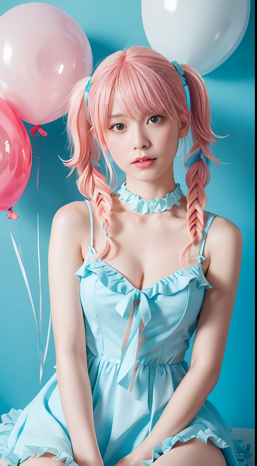 ((Best Quality, 8K, masutepiece:1.3, 1 girl, Beautiful Girl)), Cute, Dynamism, Detailed face, Detailed skin, Detailed eyes, Detailed lips, Detailed fingers, Round buttocks, Photorealistic, Raw photo, Natural light, Perfect Anatomy, looking at viewer, ((multi colored hair, pink hair, light blue hair)), braided twintails, bangs, light blue dress, lolita frill dress, tied up dress, cleavage, frill choker, spoiled face, ribbons, big breasts, white frills, portrait, Japanese idol, navel, detailed dress, illustration, lots stars, paper cut, balloons, balloons background, paper cruft, sitting, spreading legs
