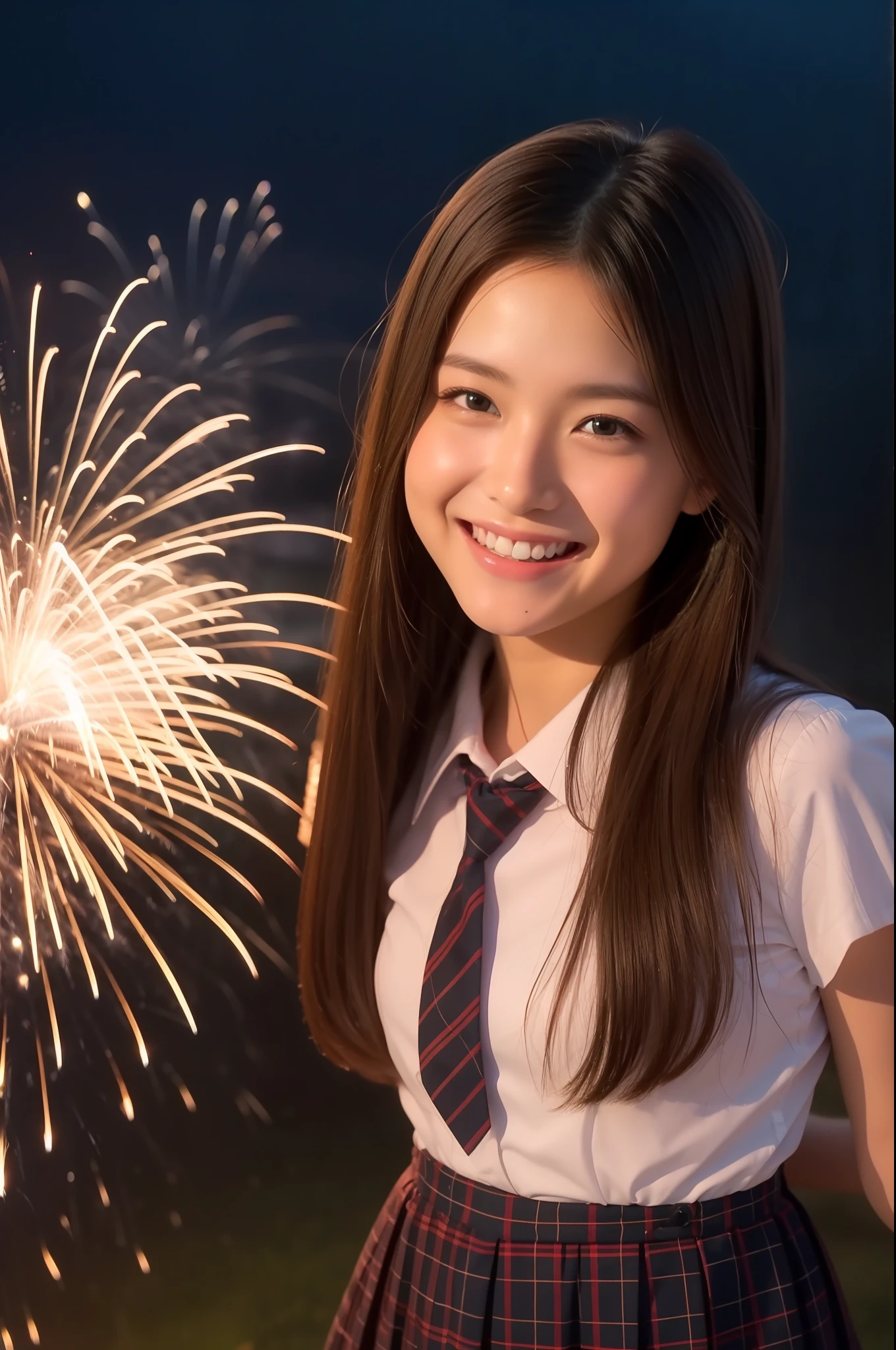 A smile、a beauty girl、hi-school girl、While doing fireworks