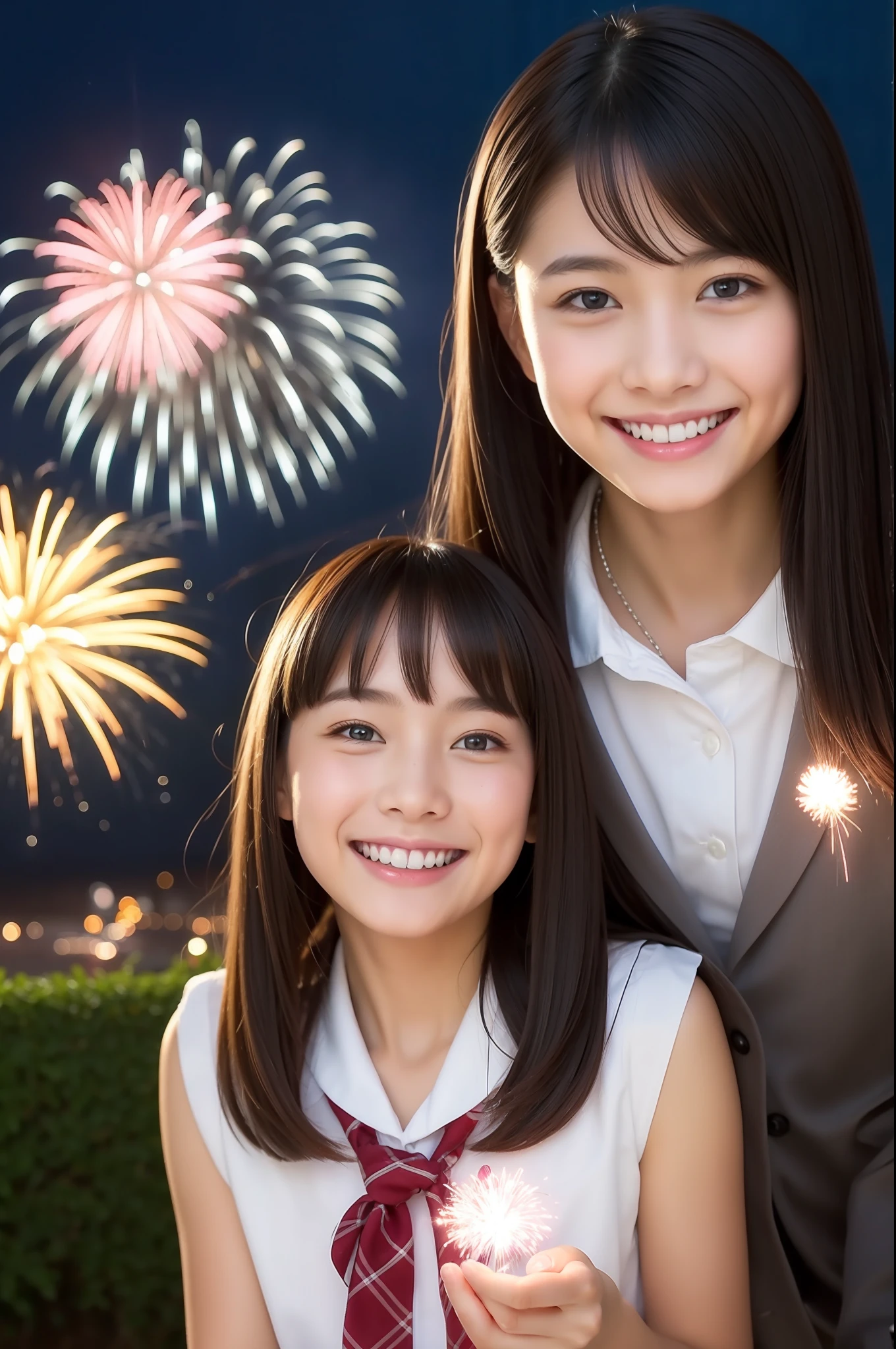 A smile、a beauty girl、hi-school girl、While doing fireworks