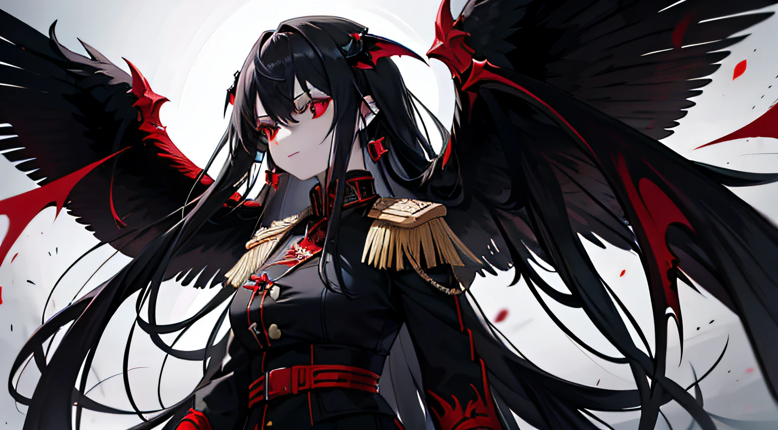 A woman with long black hair，Red eyes，Vampires，It has six pairs of wings on its back，The color of the German uniform is German gray，Red and black color scheme on background，Facing the lens