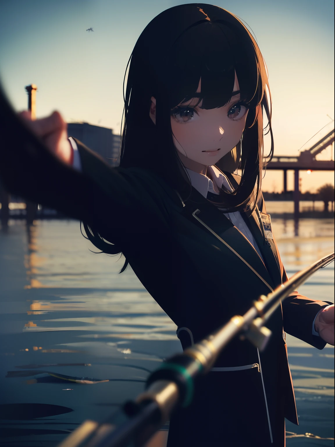 ((((Have a fishing rod with a reel by the lakeride)))),((Best Quality, masutepiece :1.3)),((( Large Mouth Bus))),hight resolution,ultra-detailliert,Beauty and aesthetics,masterpiece,best qualtiy,(1 Japanese woman),Black hair, long eyeslashes, Solid Circle Eyes, deadpan, drop shadow, Atmospheric perspective,Super Detail, ccurate, small brest,(Black jacket :1.1),top-quality, absurderes:1.2, blurry backround, bokeh dof:1.2, a picture, (masterpiece:1.3), (intricate detailes:1.2), Atmospheric perspective,Super Detail, ccurate,