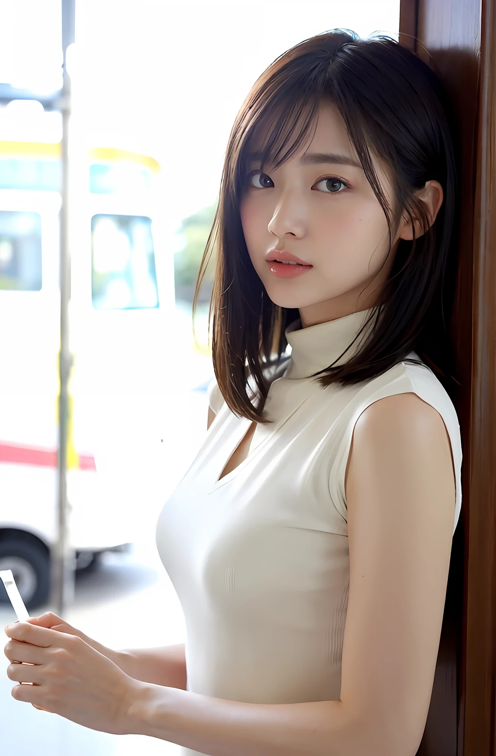 8K、top-quality、​masterpiece、超A high resolution、a picture、beautiful japanese female(pleasing:1.1) 、Elegance、There is a good、Beautiful face、Gradient lighting、1girl in、Delicate skin、Look into the distance、Brown-eyed、short hair with bangs、(breasts are large:1.0)、(medium areola:0.8)、(realisitic:1.4)、(top-quality:1.0)、(超A high resolution:1.0)、8K、Raw photography、(​masterpiece:0.2)、(pureerosface_v1:0.5)、Contrast Trim Polo Neck Bodycon Dress、Onepiece、Polo shirt style dresses、Super Mini Length、the skirt is short、Futomo、cotton clothes、Mini dress、Collared dress、no sleeves、Sleeveless、Tight、barechested、cotton clothes、no sleeves、Sleeveless、want me、Take your eyes off、Bus stops、deep in the night、rotary、Bus stop、total darkness、Benches、Wait for the bus、overtime、deep in the night、mid night、total darkness、subject、Lean、Look here、Ass big、a large bust、Kinda chubby、Bangs shed to the side、big butts、neat and well-groomed hairstyle、Bring your chest together、Feels、Mouth slightly open、Brown clothes、a necklace、、Ass big、Futomo、slightly drunk、