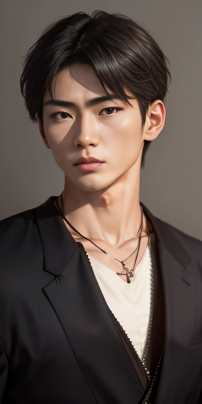 A charismatic young Korean man with a chiseled jawline gazing into the camera with an intense and determined look. His eyes reflect the focus and precision of a skilled hunter. He exudes confidence and style in his demeanor, while a hint of mystery lingers in his expression. The setting is a dimly lit urban alleyway, with faint neon lights casting a subtle glow, creating an atmosphere of urban sophistication and intrigue, the shot is closeup showing his face only, realistic looking Korean man