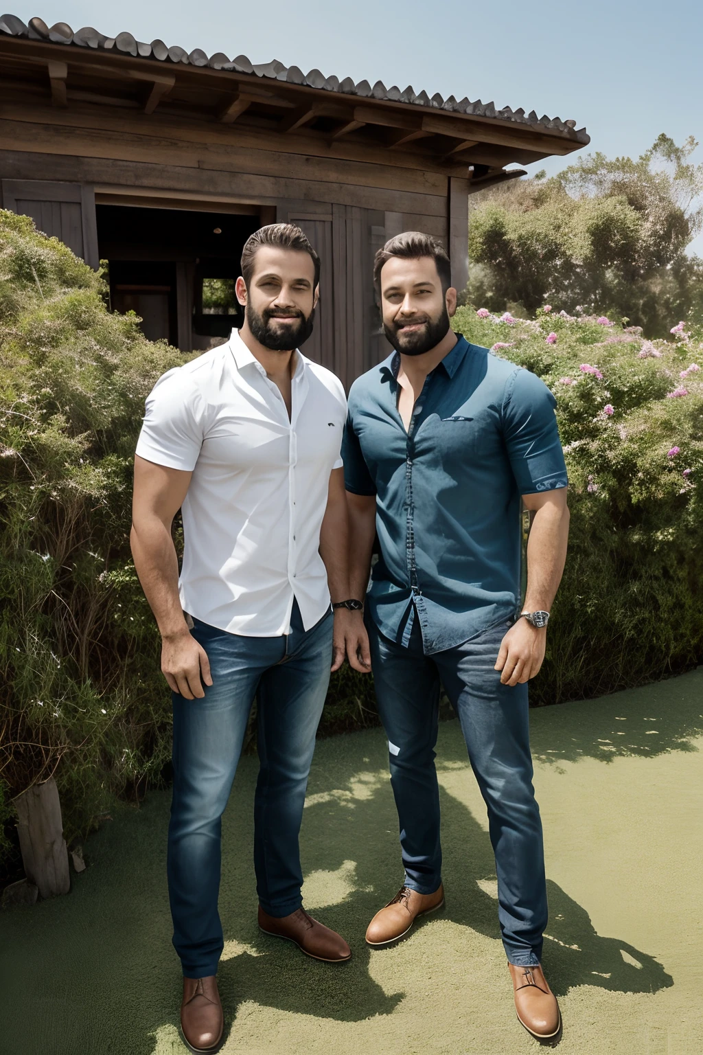 Dois homens rusticos de barba estilo lenhadores, vestindo camisa xadrez, bermuda jeans surrada e sapato estilo bota de trilha. No colo de uns dos homens uma crianca vestindo camiseta e bermuda. Eles estao em um campo de flores em primeiro plano, grama verde, uma casa de madeira com varanda ao fundo desfocado. 8k, hiperdetalhado, uhd