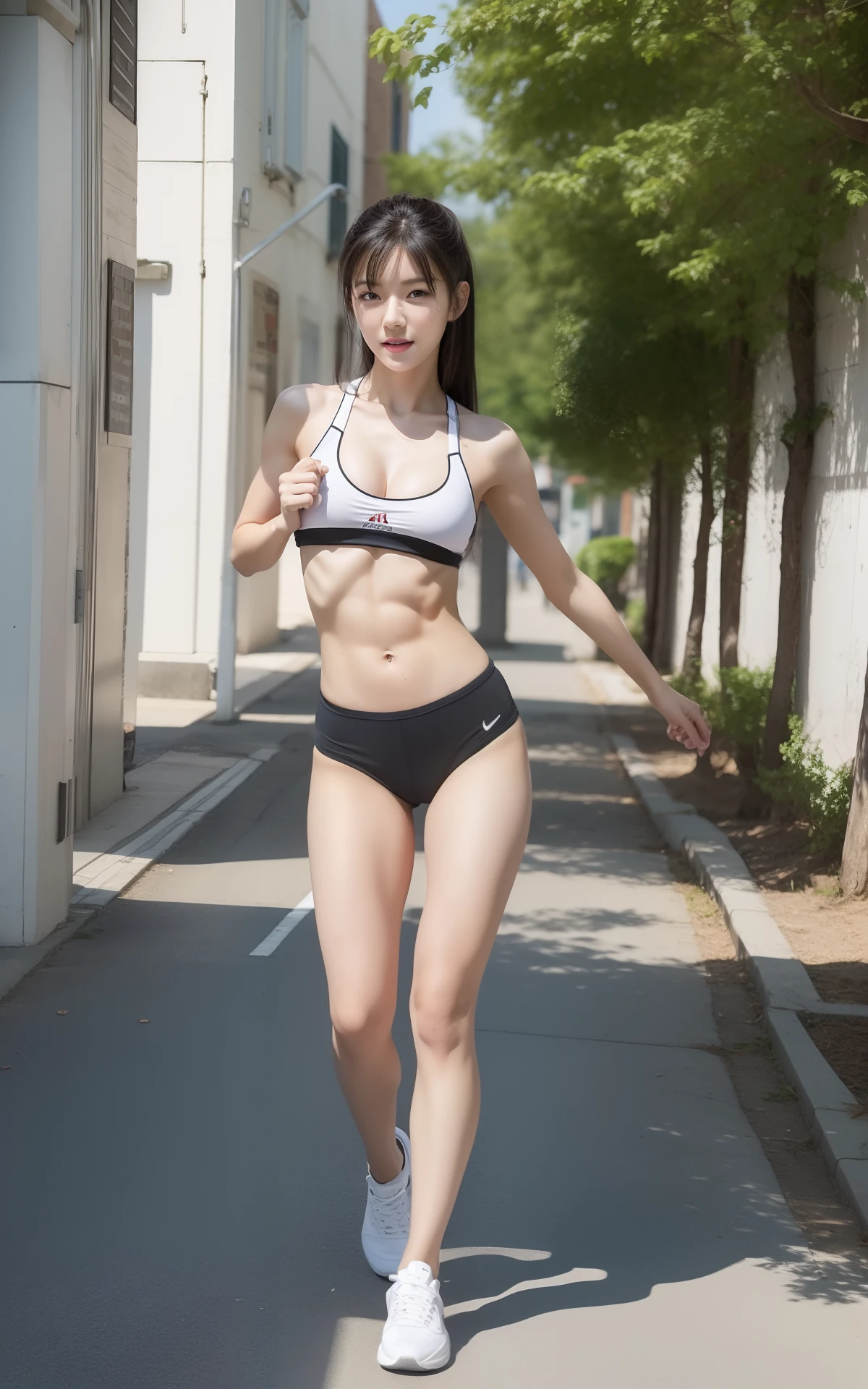 Fitness Girls、cute little、realisitic, 8K, 1girl in, Black hair, Iris heterochromatic eyes, Mole under the eyes, Toned abs, thighs thighs thighs thighs、Beautuful Women、1girl in、Colossal tits:1.3、bich、life-like、8K、Kpop Idol、Wearing fitness wear、(perspired)、（Woman stretching in the open air）