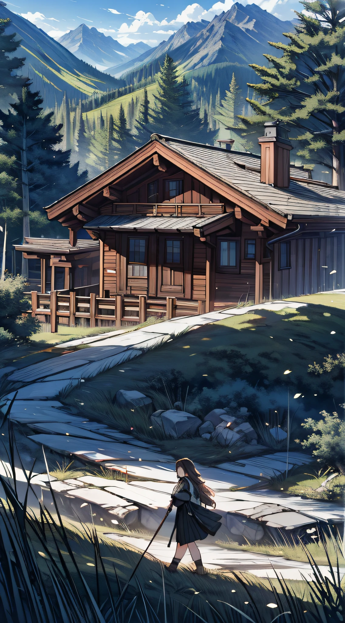 "(8k RAW photo, highest quality) A serene forest scene with a gentle slope of fresh green grass and a wooden chalet roof in the foreground. Majestic mountains serve as a breathtaking backdrop, while a young woman walks peacefully through the woods."