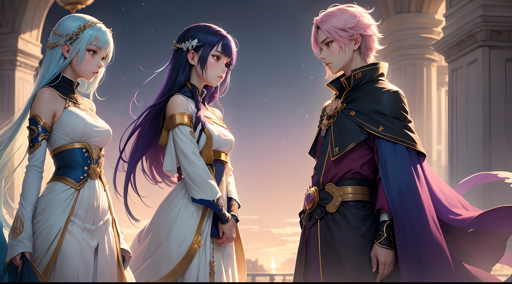 The background displays a gradient blend of cool blues and deep purples, representing the cold and calm, juxtaposed with warm golds and soft pinks shimmering at particular points to give it a shiny effect, embodying the "times gone by." At the center, an anime character stands. This character has an expression of reflection, gazing into a distance. Their attire is a blend of modern and traditional, symbolizing the bridge between the present and the past. Surrounding them are elements like an hourglass, soft glowing orbs, and floating feathers. All these elements, combined, give a sense of drifting through time and memories.