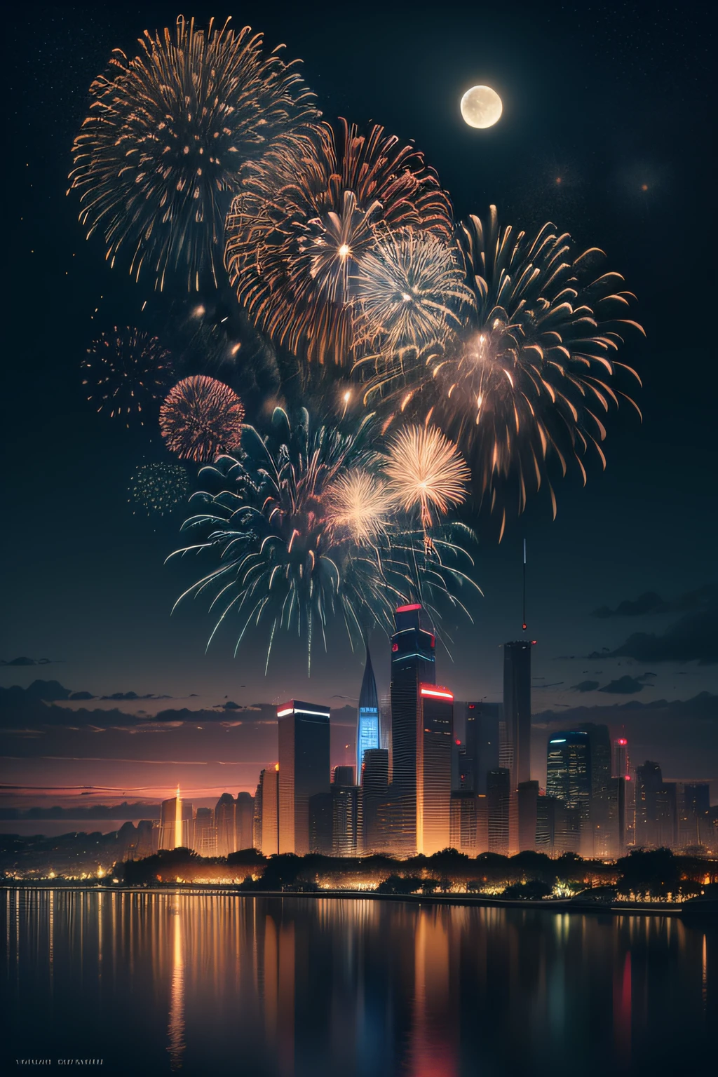 Fireworks and moon in the background, Fireworks are over the city, shinning, Photorealistic, Surrealism, Verism, panorama, highres, super detail, high details, ccurate