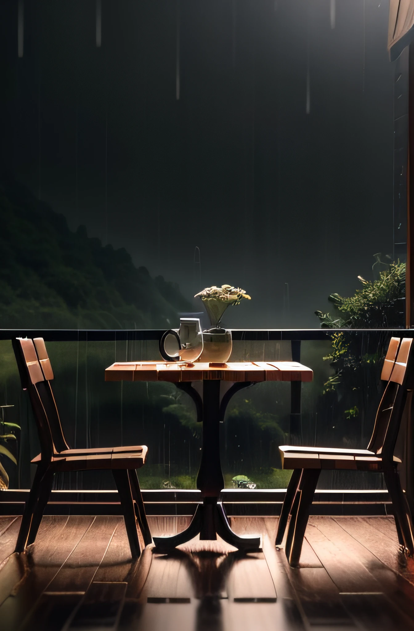 there is a small wooden house with a table and chairs in the rain, rainy day outside, magical environment, quiet and serene atmosphere, in a rainy environment, rainy outside, rainy afternoon, inside on a rainy day, rainy scene, by Raymond Han, rainy atmosphere, rainy environment, rainy mood, rainy and gloomy atmosphere, rainy evening, atmospheric fantasy setting